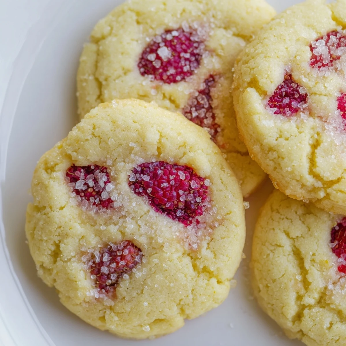 Soft Lemon Raspberry Cookies with golden edges and bright red berry pieces scattered throughout