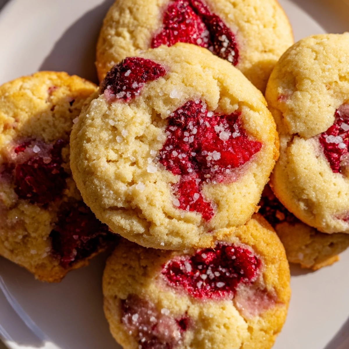 Chewy Lemon Raspberry Cookies arranged on a cooling rack with powdered sugar dusting