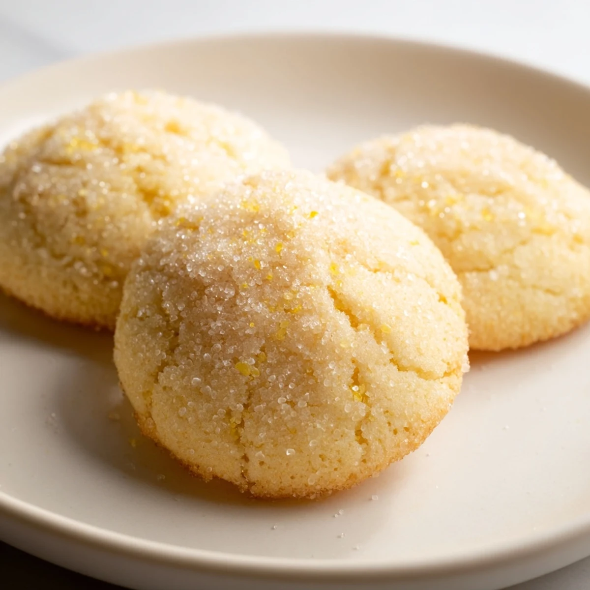 Chewy lemon sugar cookies with crackly tops and sparkling sugar coating on rustic wooden board