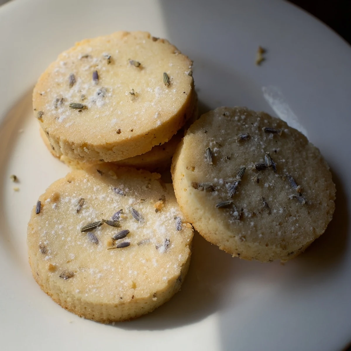 Golden lemon lavender cookies with speckled lavender buds on a rustic white plate