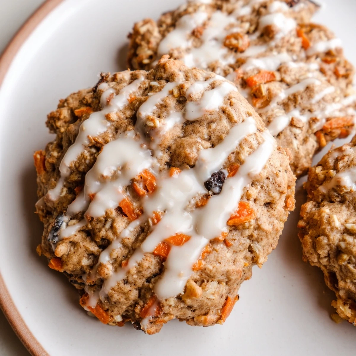 Chewy brown butter carrot cake cookies stacked on a wire cooling rack with cream cheese drizzle