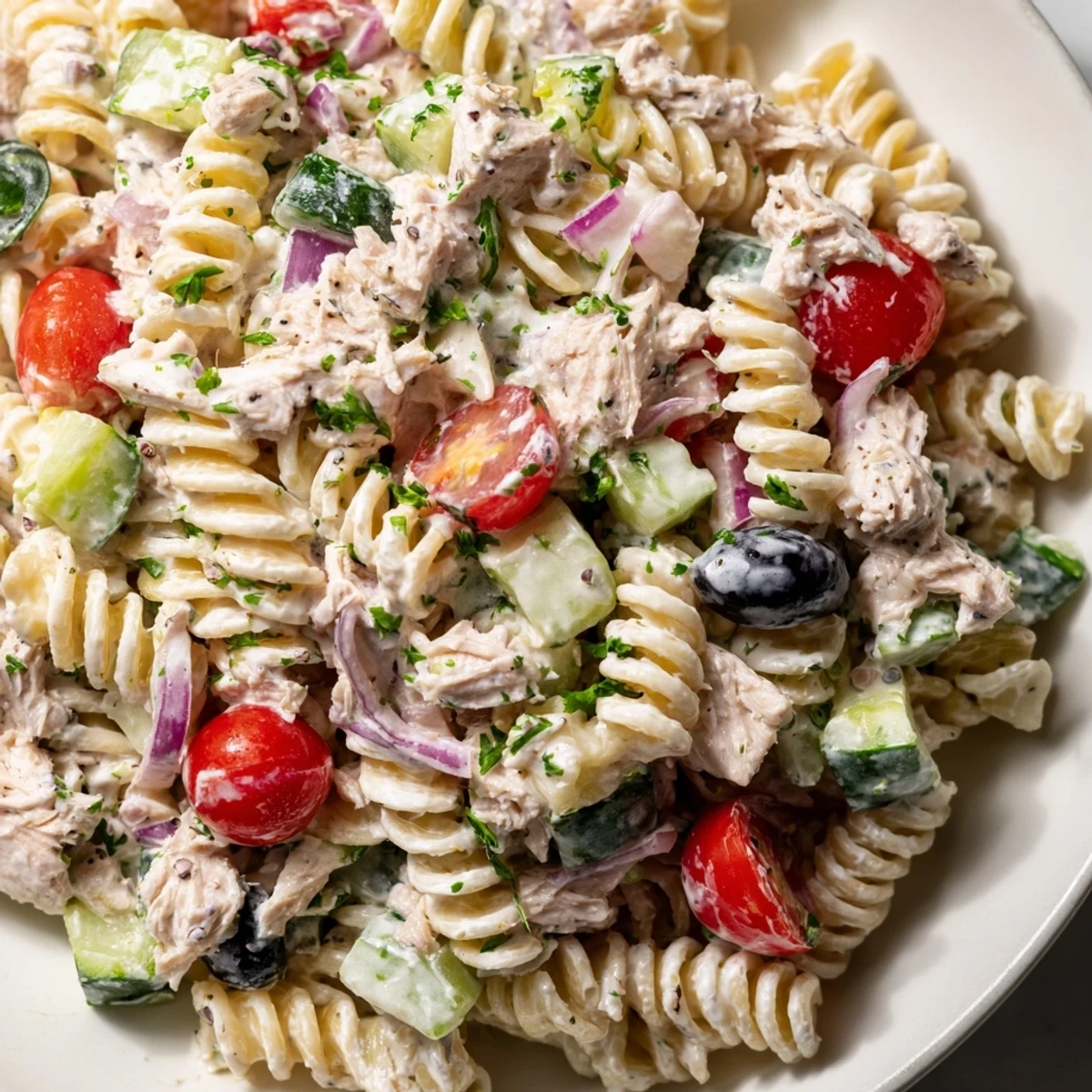 Tuna pasta salad served cold with flaky tuna, diced cucumber, and tangy mayonnaise dressing