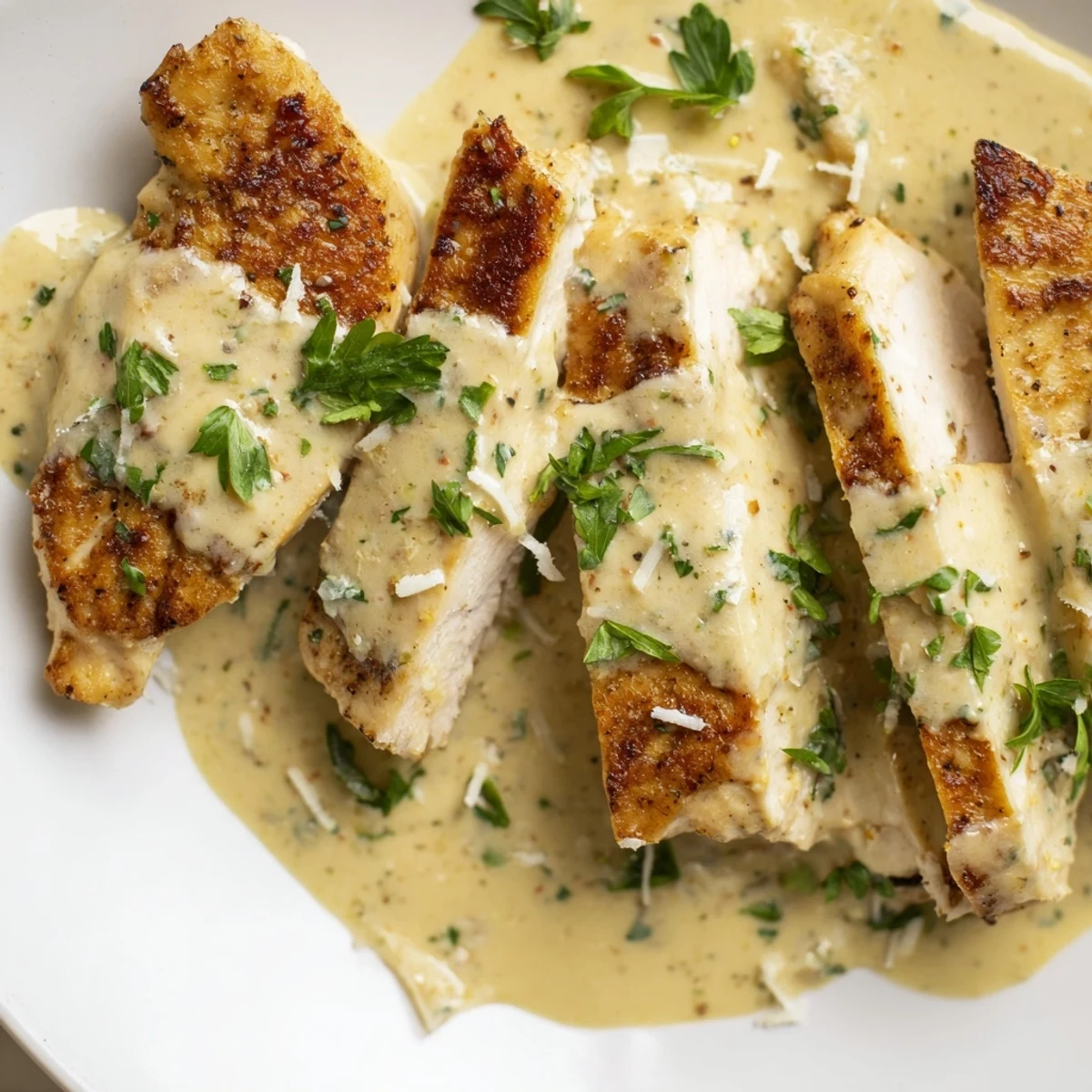 Golden seared creamy garlic chicken nestled in velvety Parmesan sauce on white plate