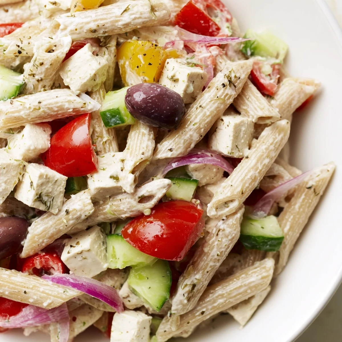Colorful high protein Greek pasta salad loaded with juicy tomatoes, crisp cucumber, and tangy feta