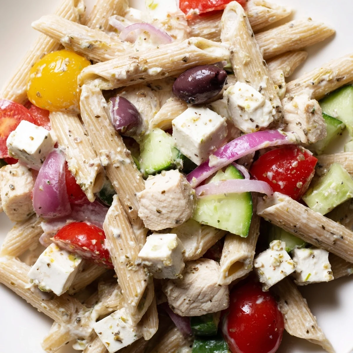Creamy high protein Greek pasta salad topped with kalamata olives and cubed feta cheese