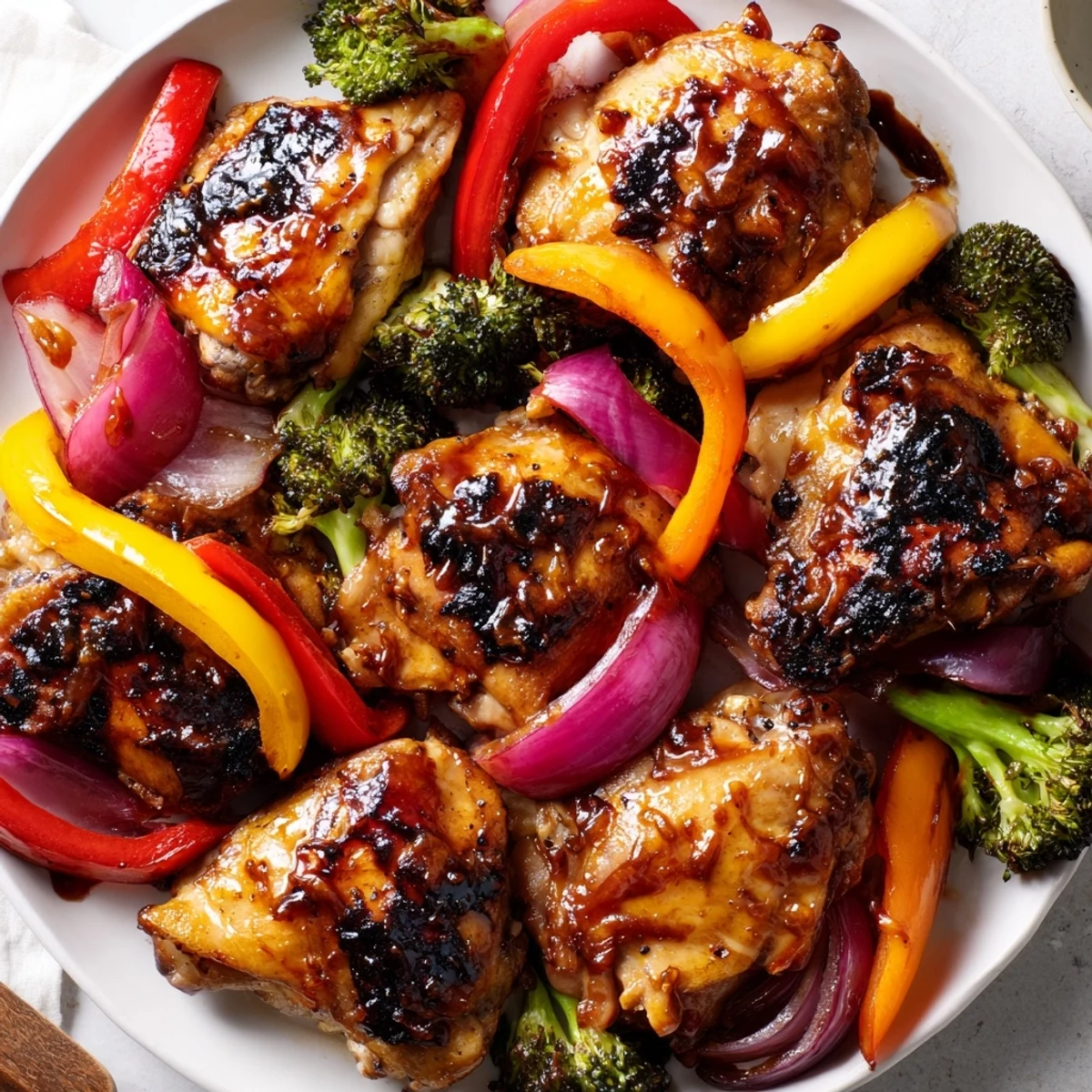 Colorful chicken stir fry with bell peppers and broccoli served over fluffy white rice