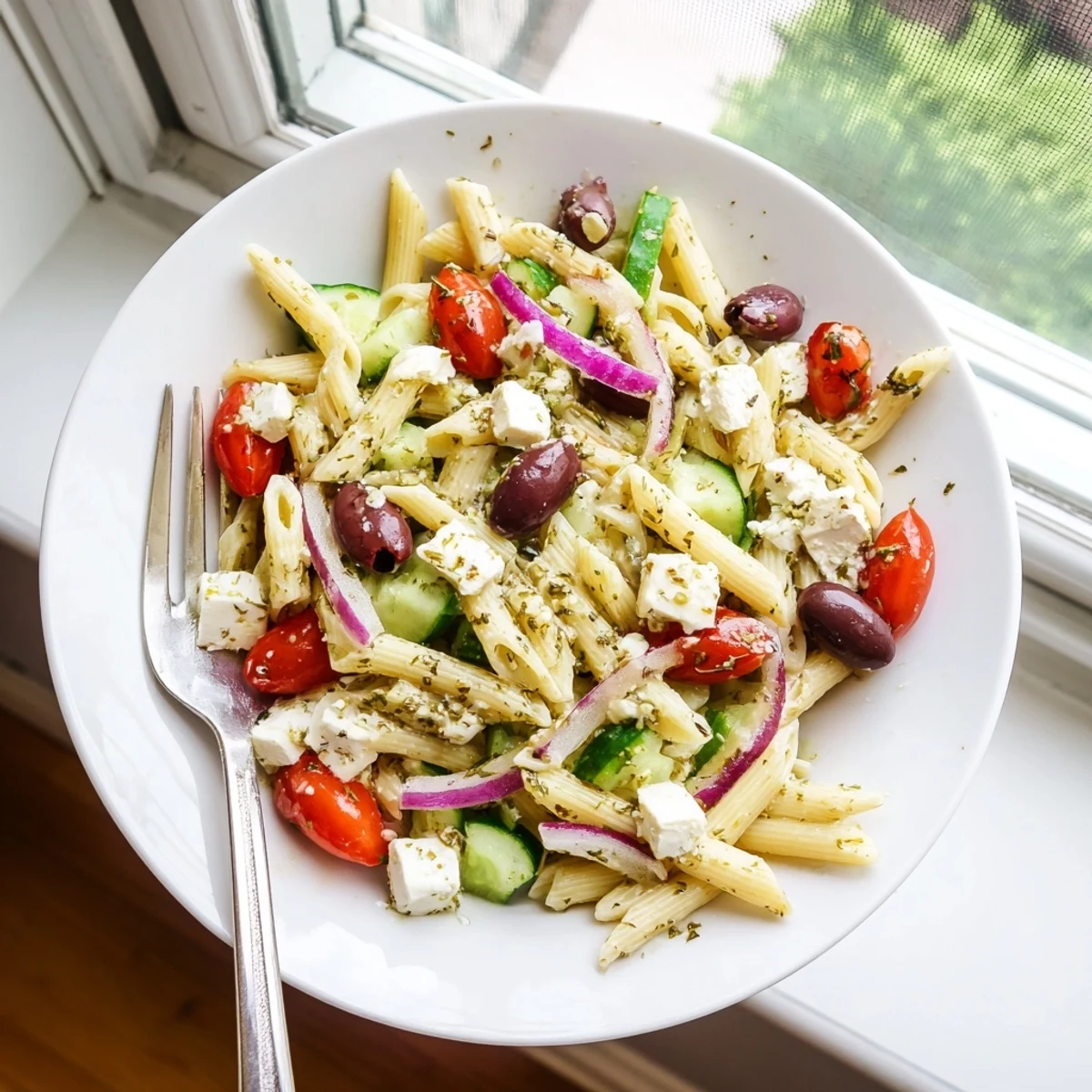 Colorful Greek pasta salad loaded with crisp veggies, briny olives, and creamy feta cheese