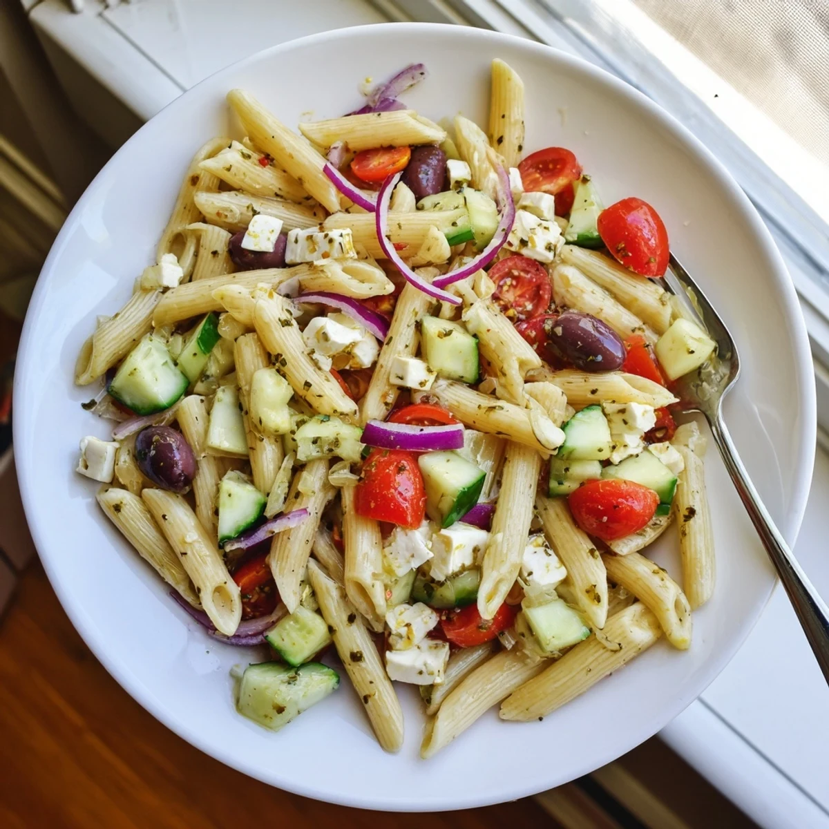 Greek pasta salad in a white bowl featuring ripe tomatoes, cucumber, and tangy dressing