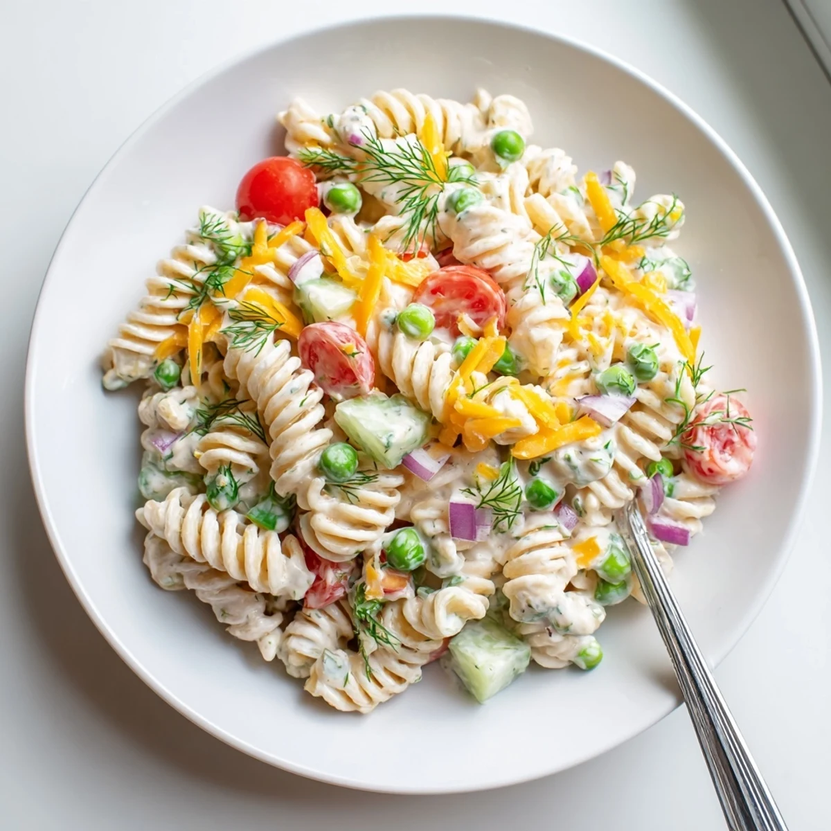 Creamy ranch pasta salad loaded with colorful crisp vegetables in a tangy herb dressing
