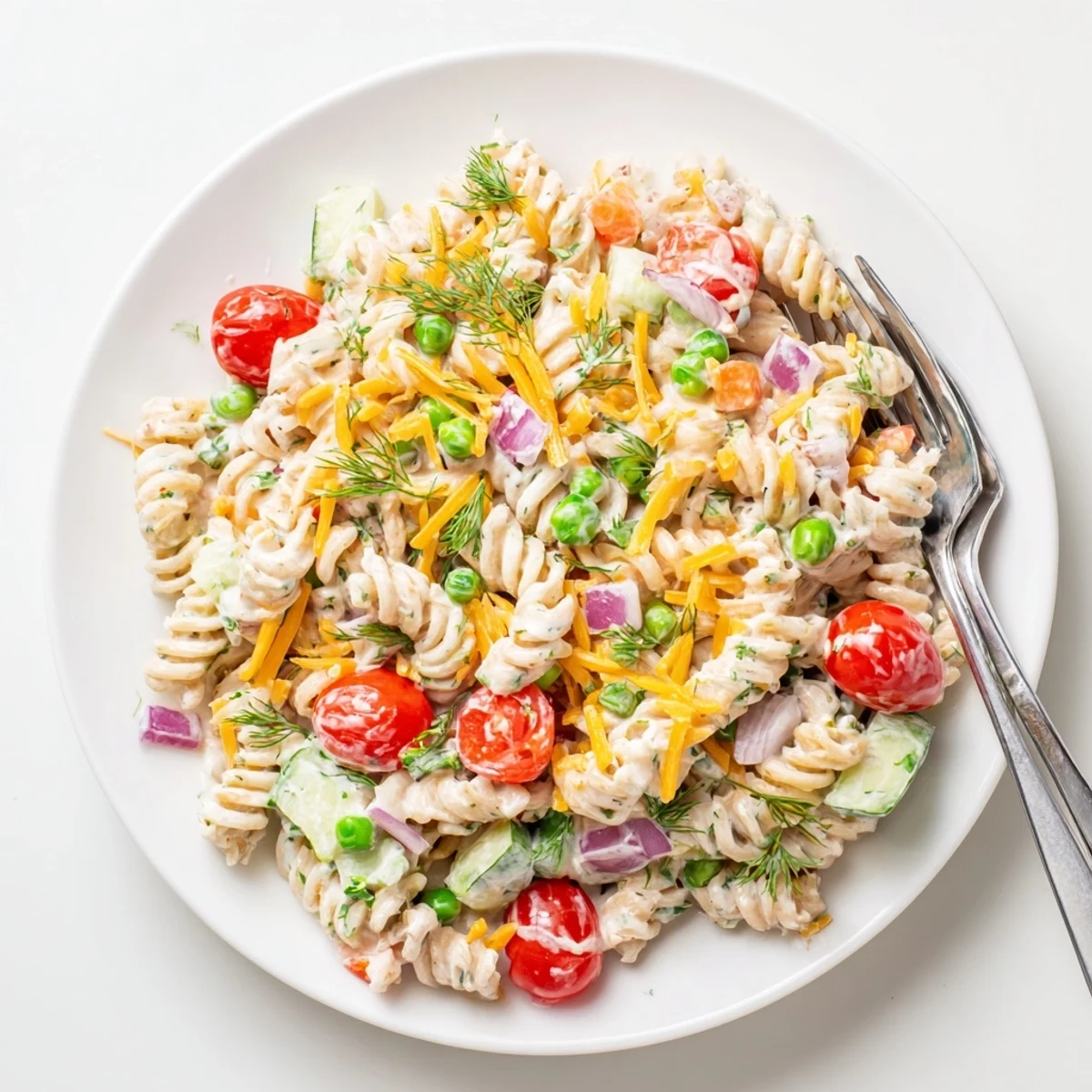 Chilled creamy ranch pasta salad featuring rotini cherry tomatoes and cucumber in white bowl