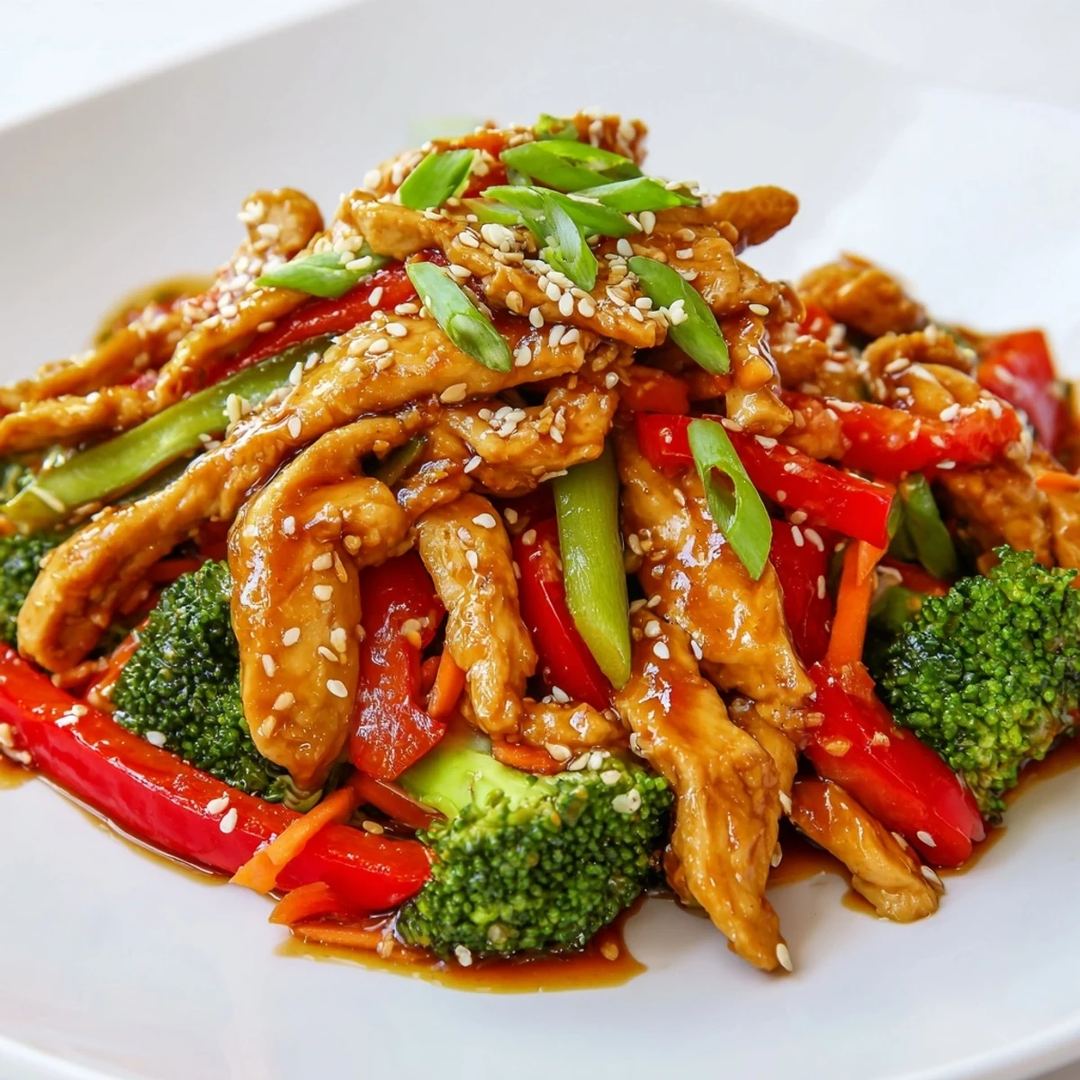 Glossy Sesame Soy Chicken Stir Fry in a wok with colorful crisp vegetables and sesame seeds