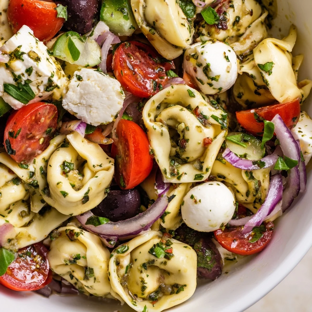 Colorful tortellini pasta salad with cherry tomatoes, cucumber, and zesty Italian dressing in a white serving bowl