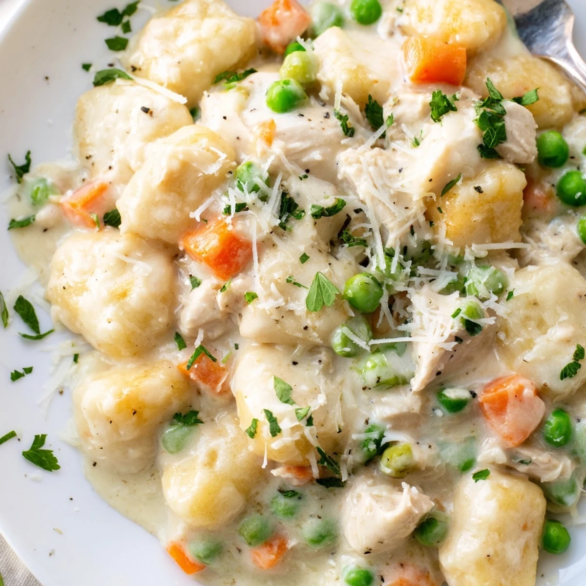 Creamy one pot gnocchi chicken pot pie with tender vegetables in golden savory sauce