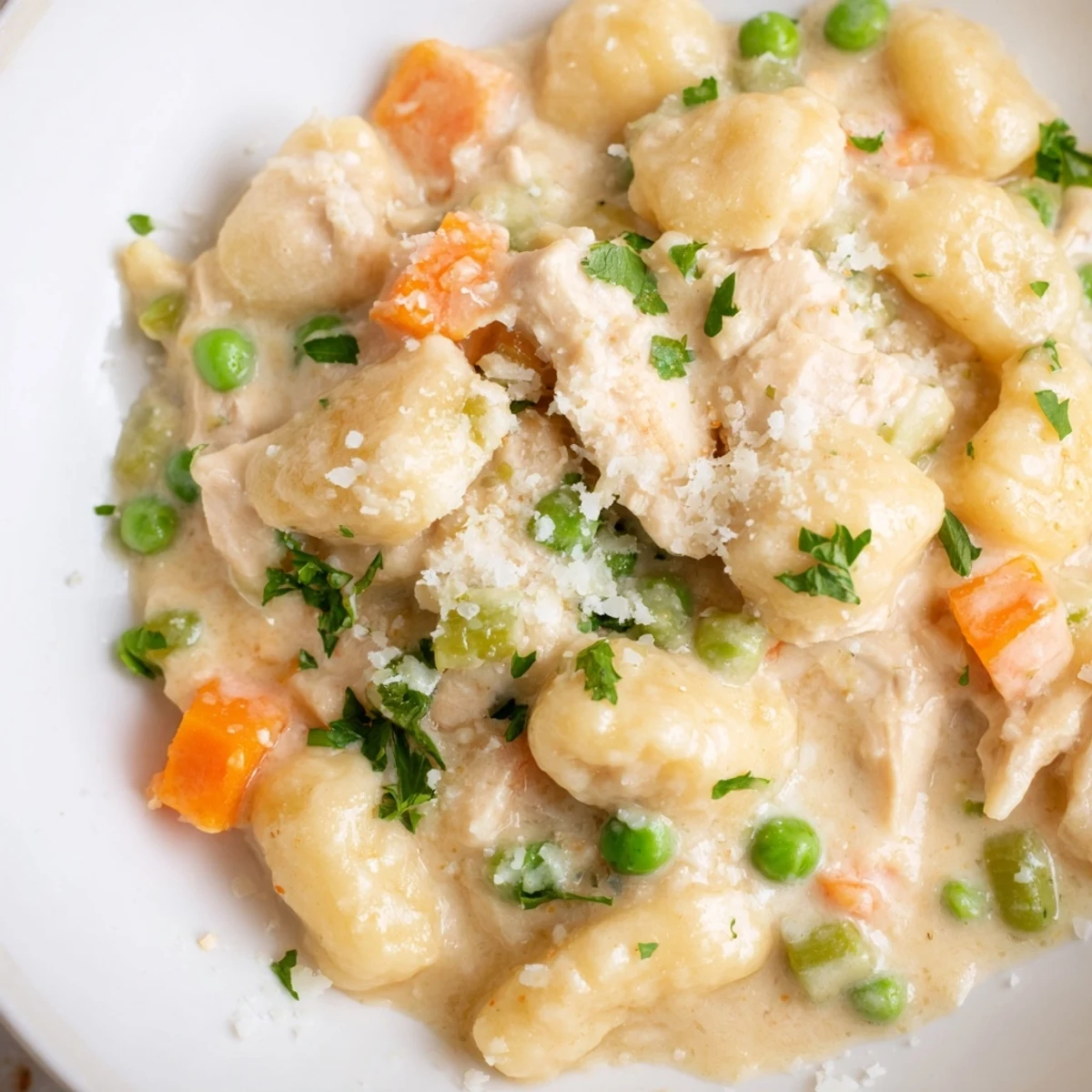 One pot gnocchi chicken pot pie topped with fresh parsley and melted Parmesan