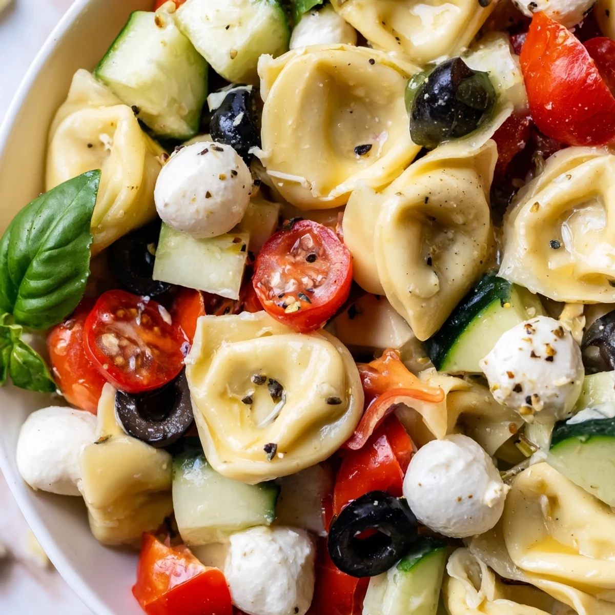 Colorful tortellini salad with cherry tomatoes, cucumber, and mozzarella in zesty Italian dressing
