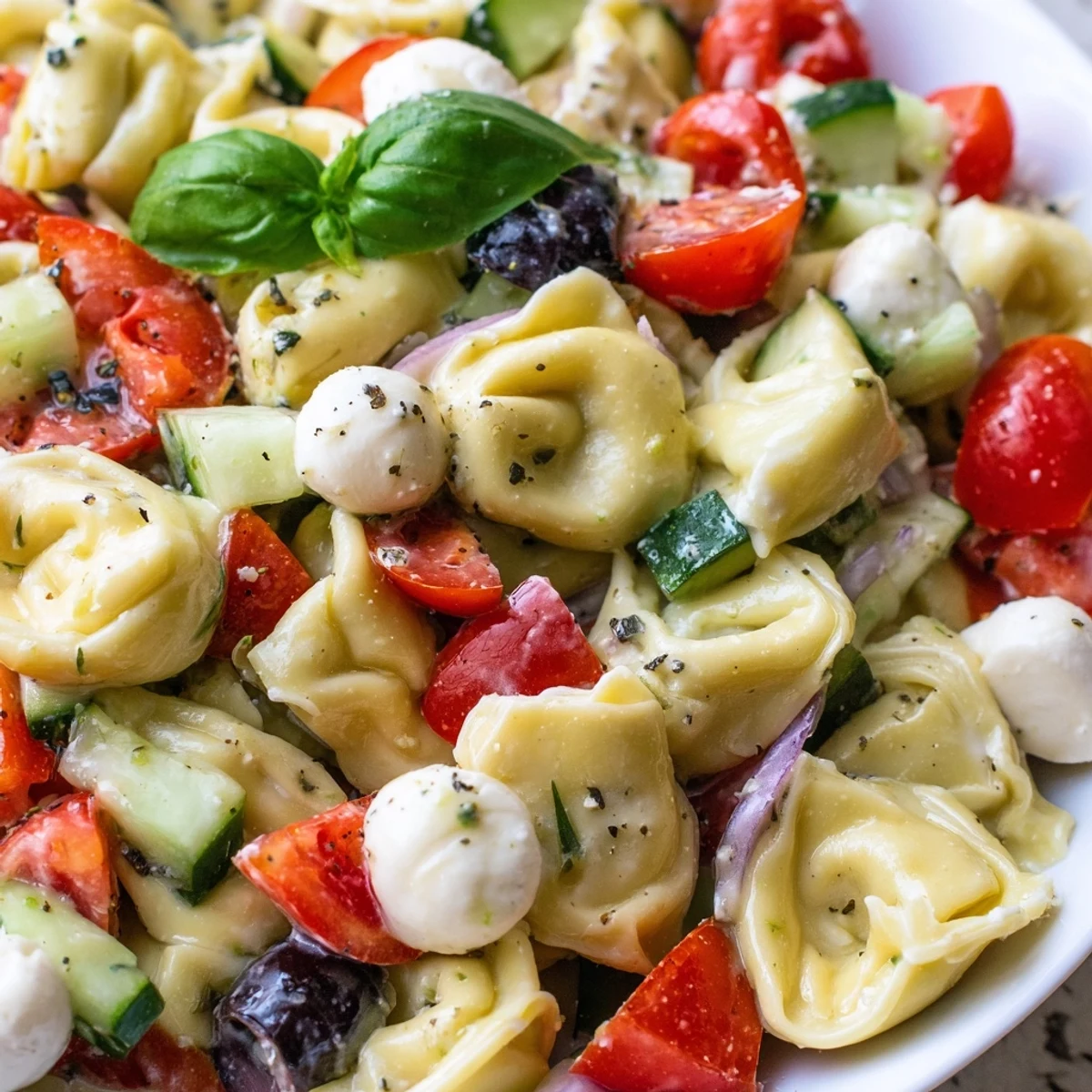 Chilled tortellini salad tossed with crisp vegetables and herbs in a large serving bowl