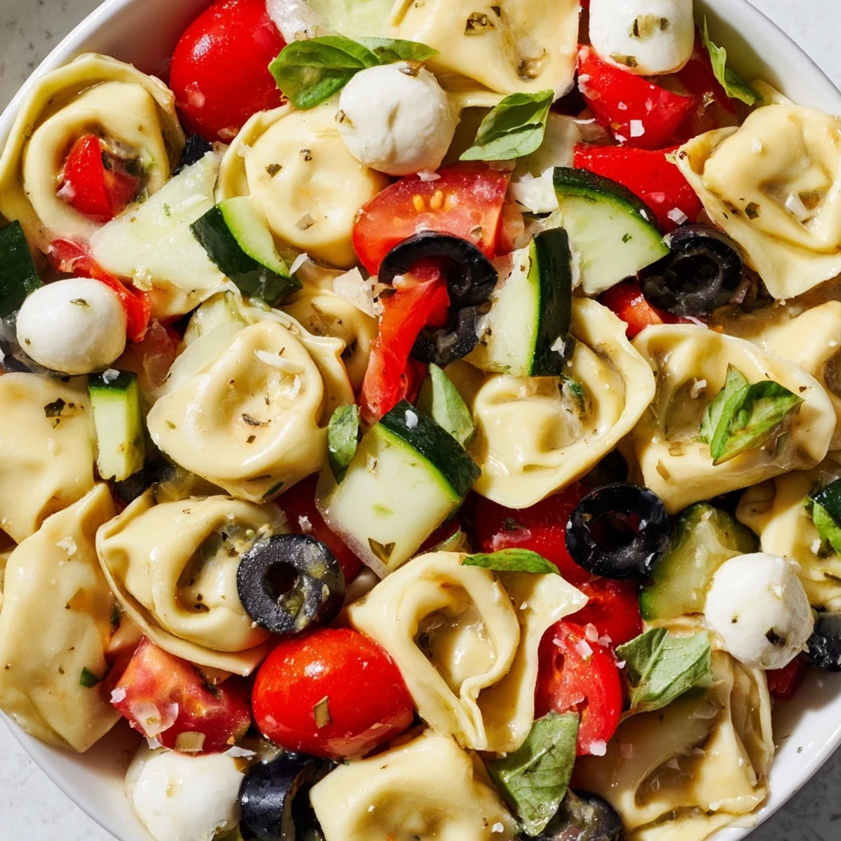 Creamy cheese tortellini salad featuring ripe tomatoes, olives, and fresh basil leaves
