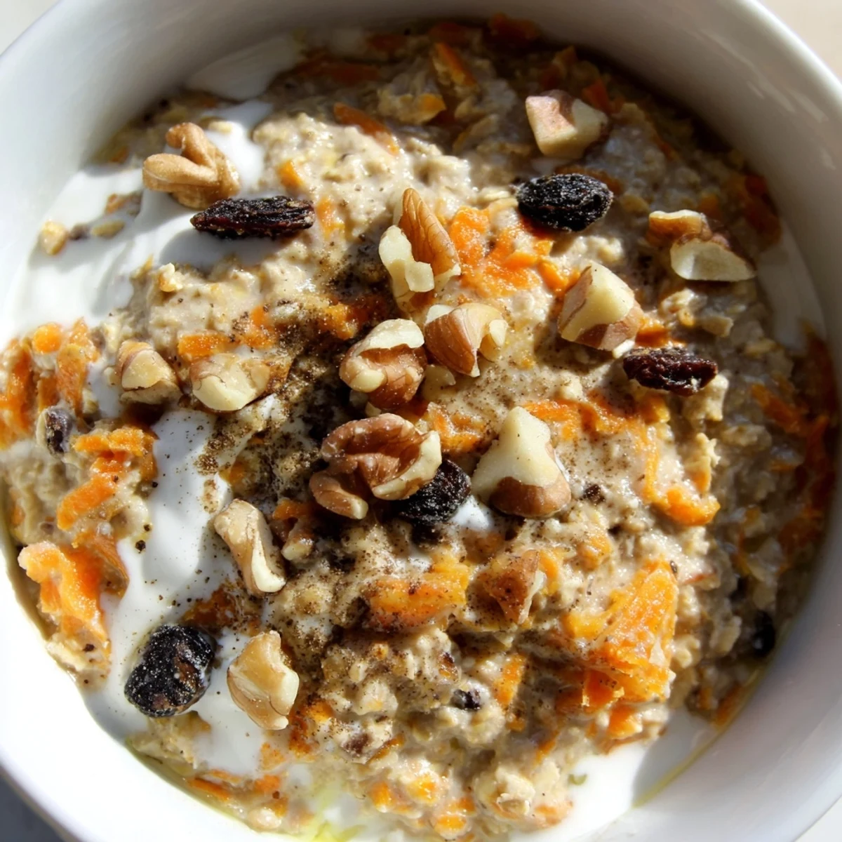 Creamy carrot cake overnight oats in a mason jar topped with crunchy walnuts and a cinnamon sprinkle