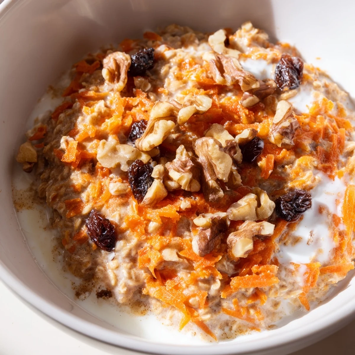 Carrot cake overnight oats with grated carrots, plump raisins, and chopped pecans in a glass jar