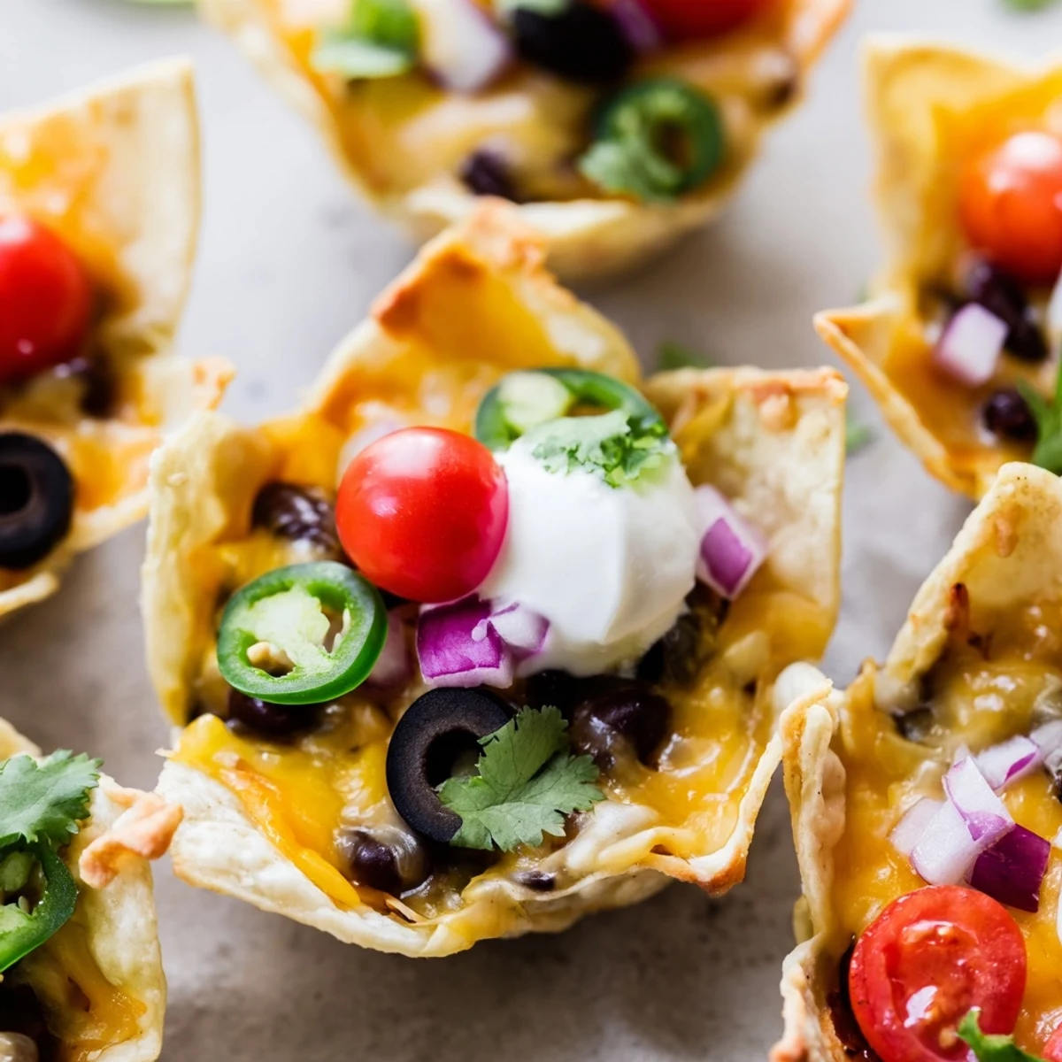 Crispy cheesy nacho cups with melted cheddar beans and fresh tomato toppings