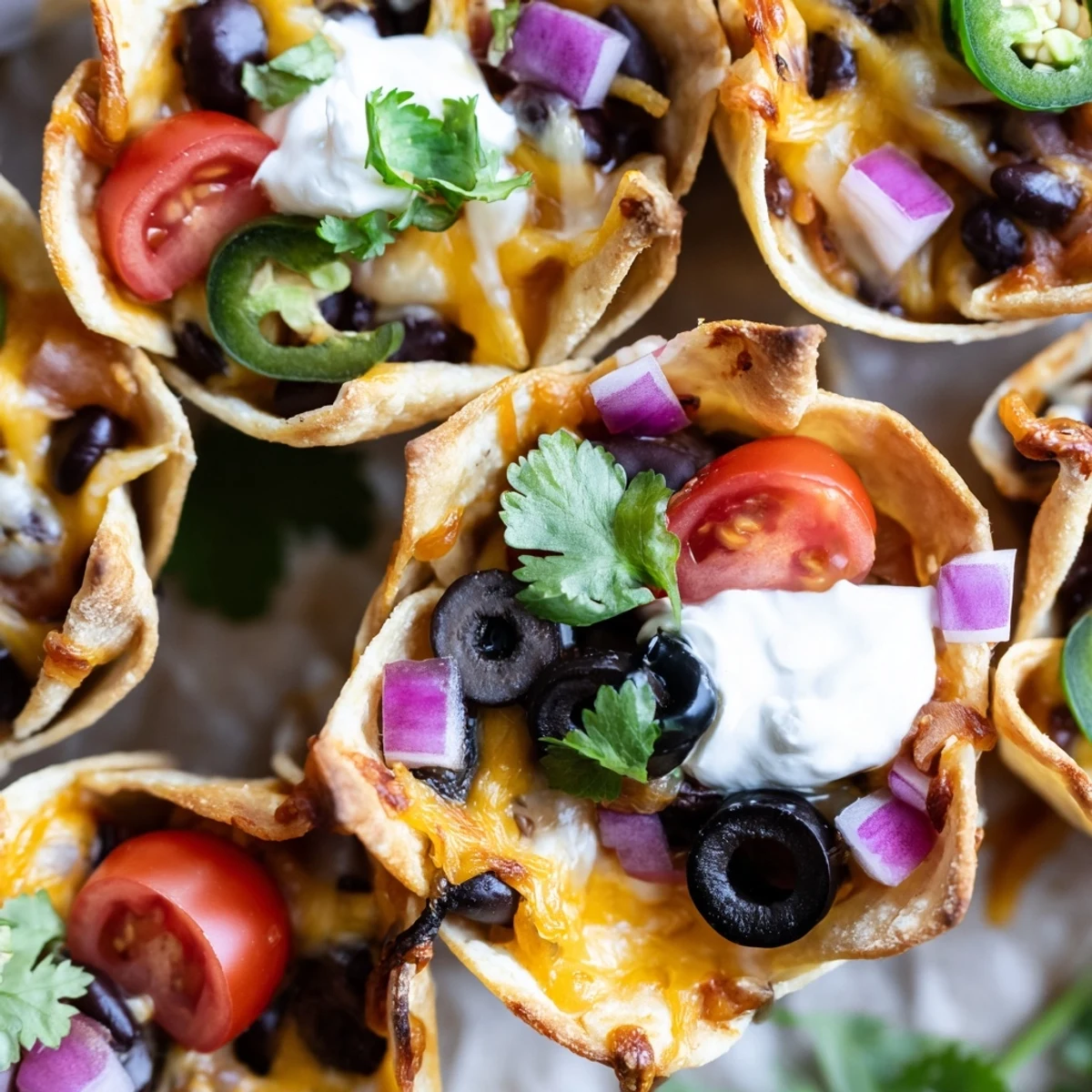 Golden tortilla cups filled with gooey nacho cheese and zesty jalapeño slices