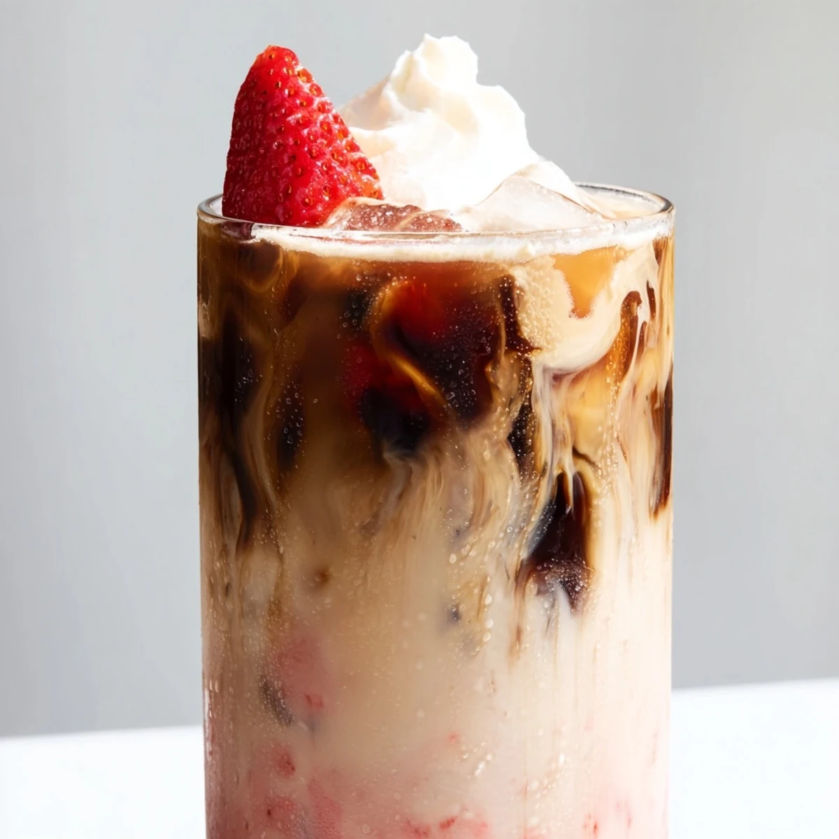 Creamy strawberry cold latte in a tall glass with swirling layers of pink and brown