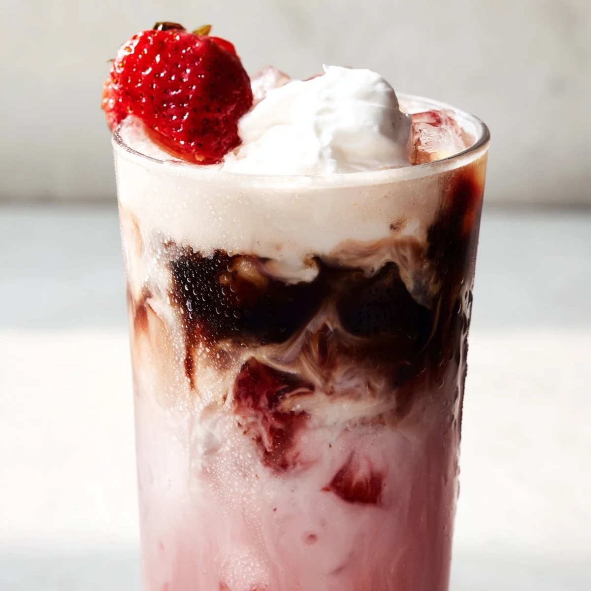 Refreshing strawberry cold latte topped with fluffy whipped cream over ice on a sunny afternoon