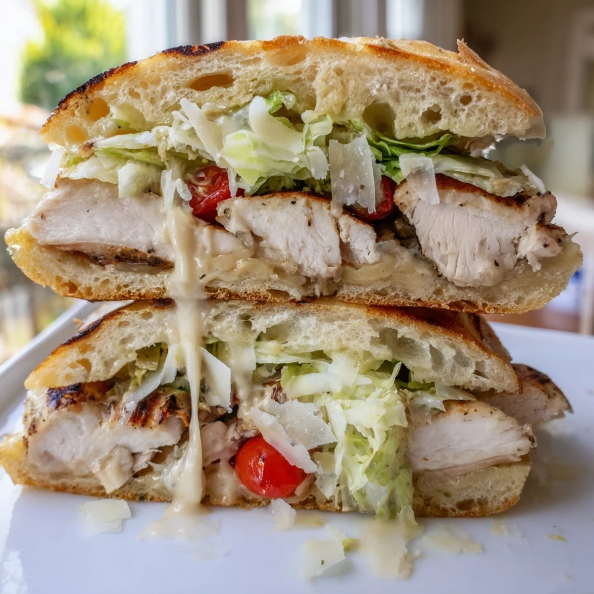 Juicy grilled chicken Caesar sandwich with crisp romaine and creamy dressing on golden toasted ciabatta