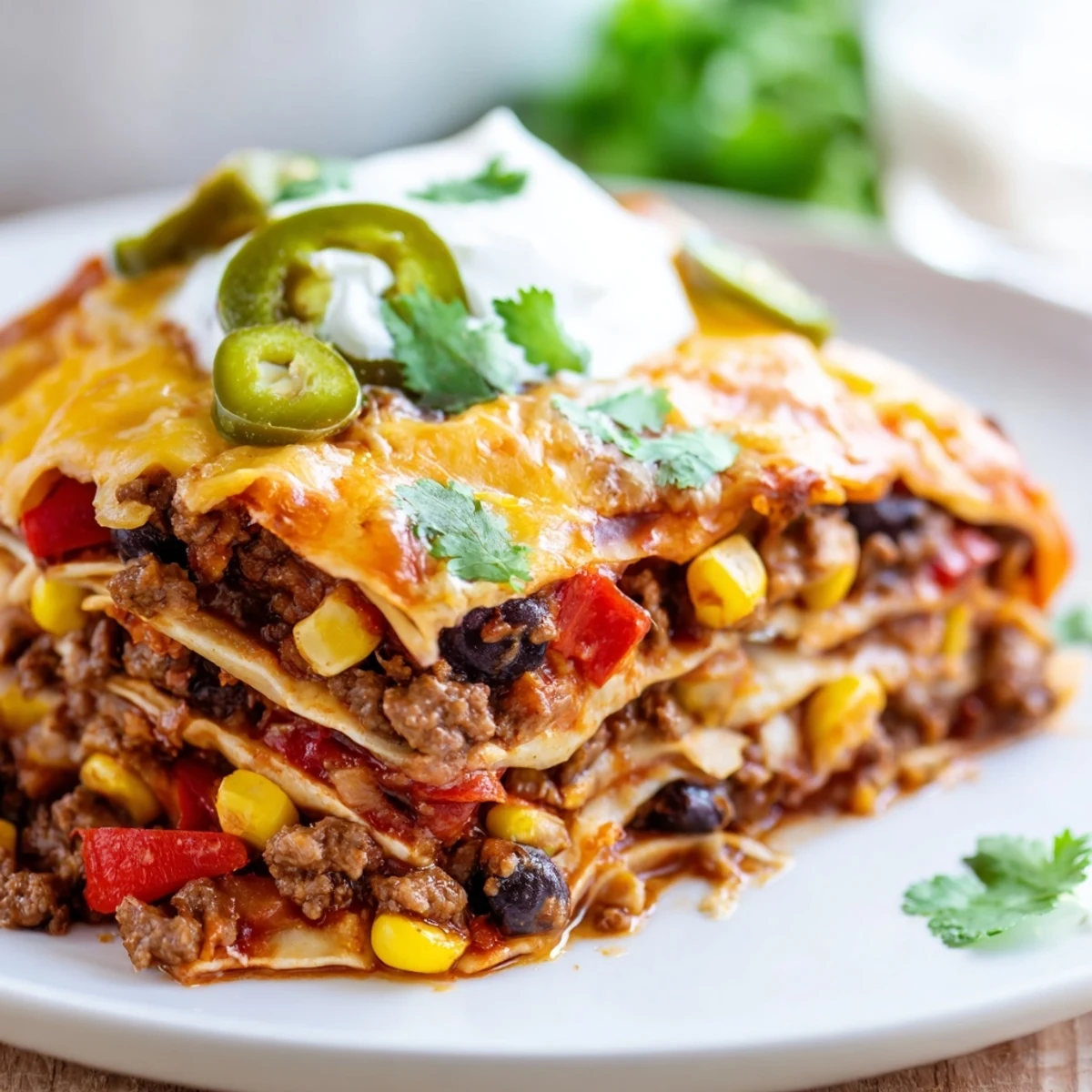 Golden bubbling Mexican lasagna with layers of seasoned beef, beans, and melted cheese