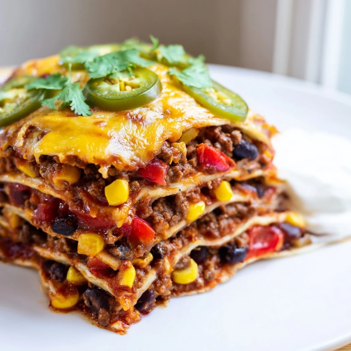 Mexican lasagna fresh from the oven with gooey cheese and colorful Tex-Mex filling