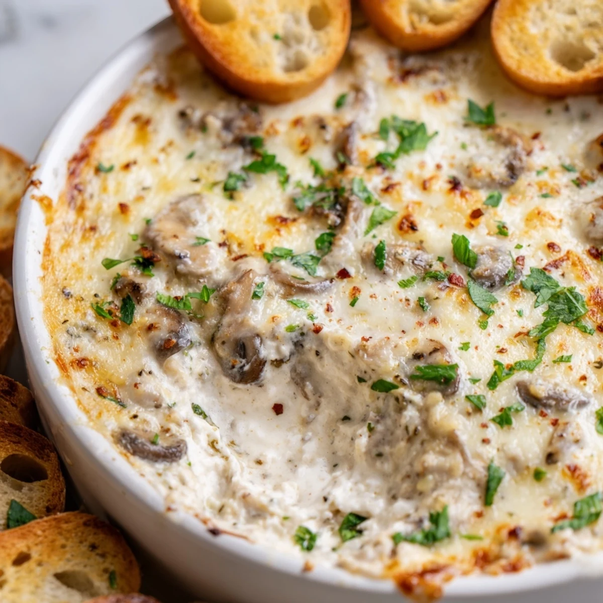 Creamy stuffed mushroom dip bubbling with melted cheese in a golden oven-proof dish