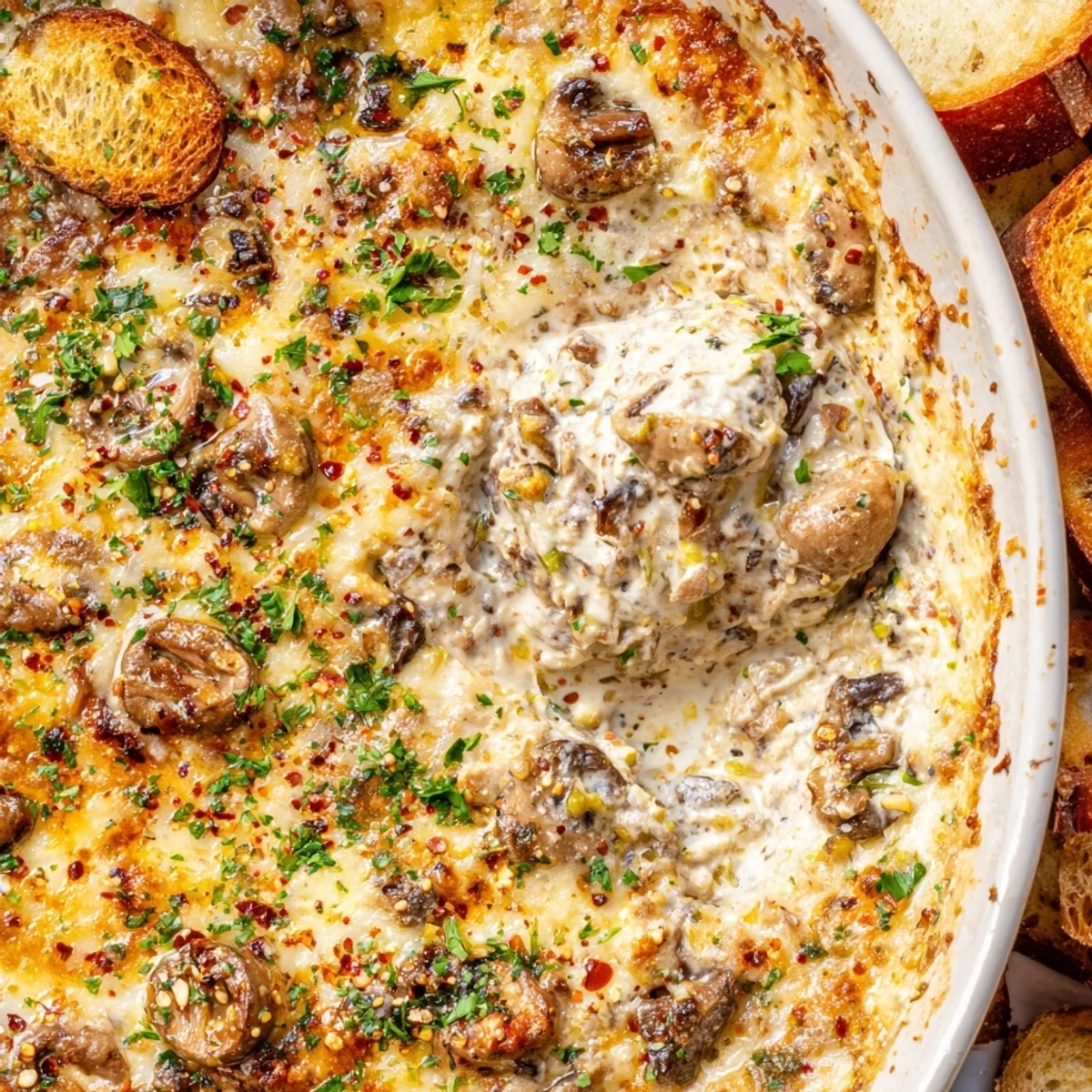 Warm stuffed mushroom dip served with crispy baguette slices and fresh crackers
