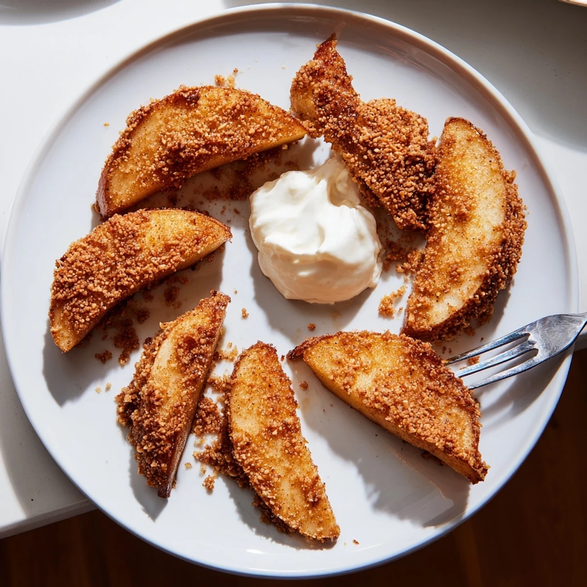 Golden crispy air fryer apple slices with warm cinnamon sugar coating served on a white plate
