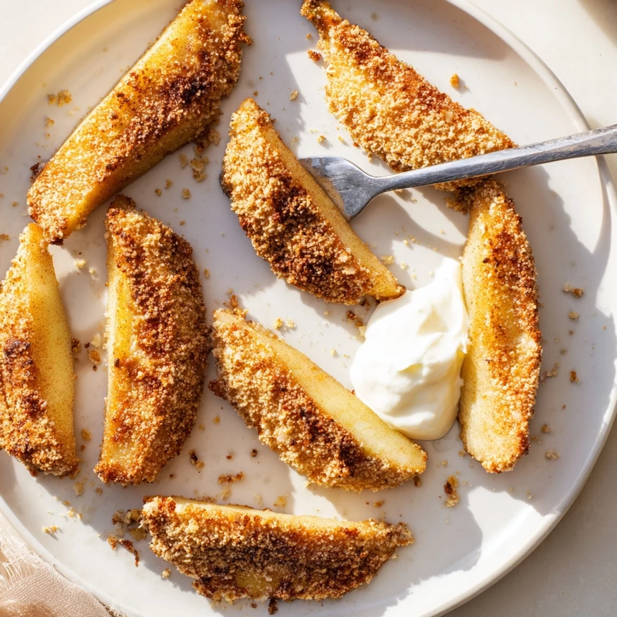 Tender air fryer apples with crunchy oat topping drizzled with caramel and whipped cream