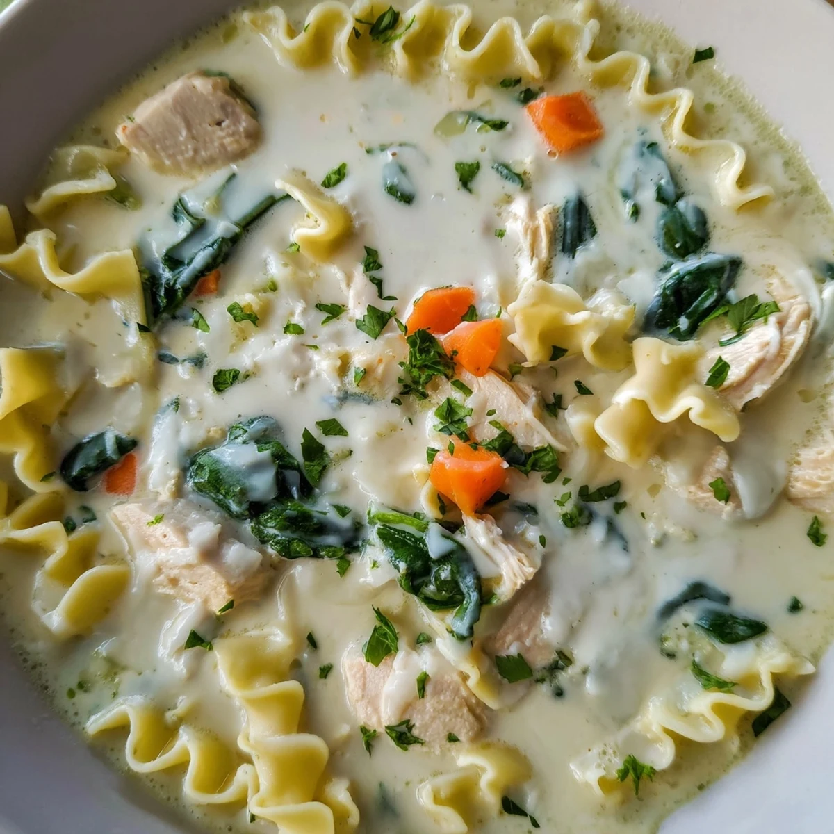 Creamy Italian white lasagna soup in a white bowl garnished with fresh parsley and Parmesan cheese