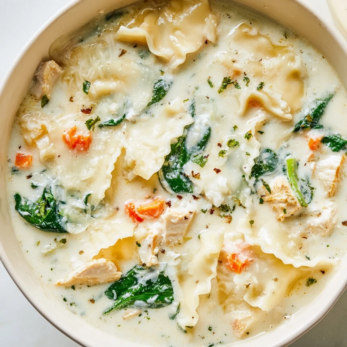 Steaming bowl of Italian white lasagna soup with tender chicken spinach and broken noodle pieces