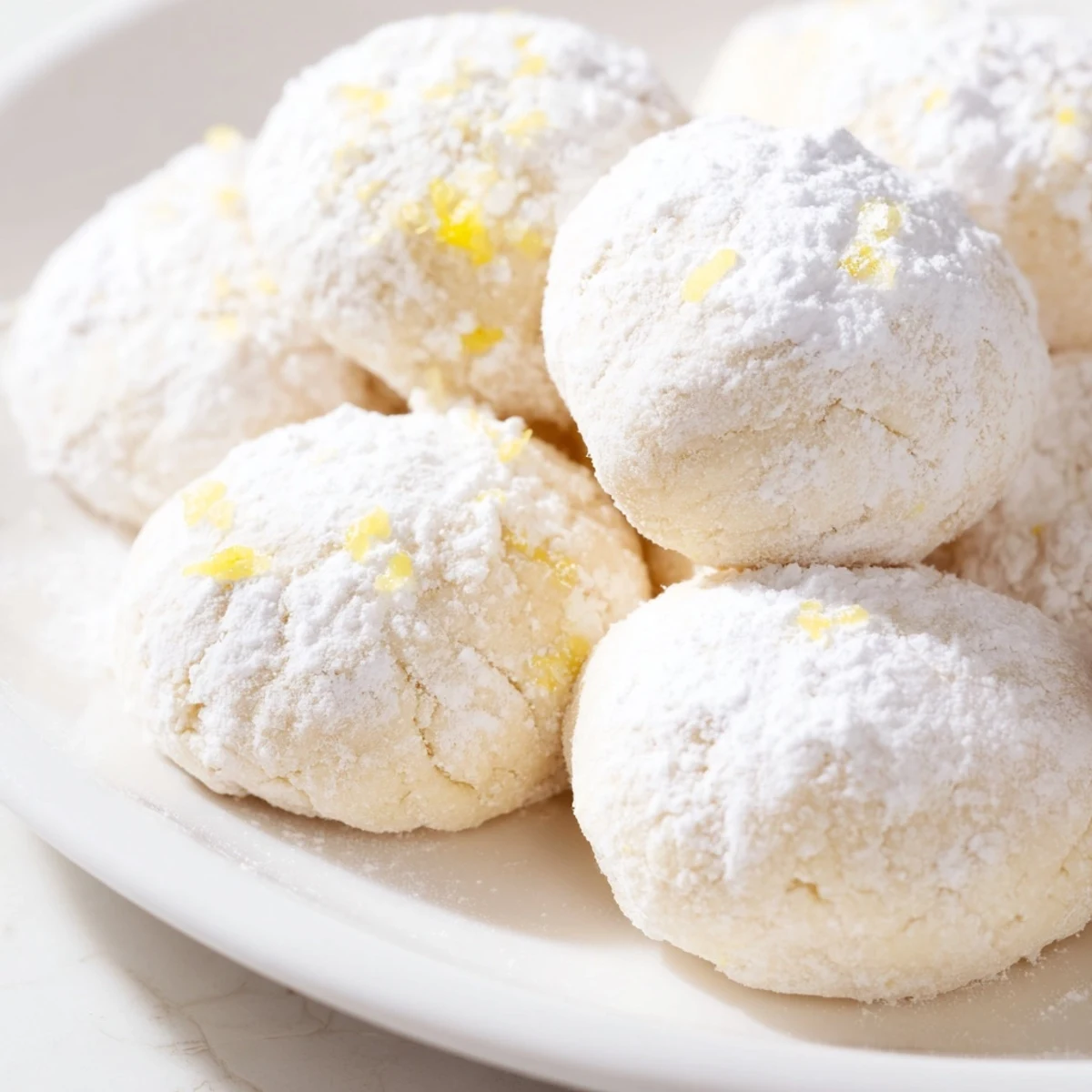 Powdered sugar-dusted lemon meltaways cookies arranged on a rustic white ceramic plate