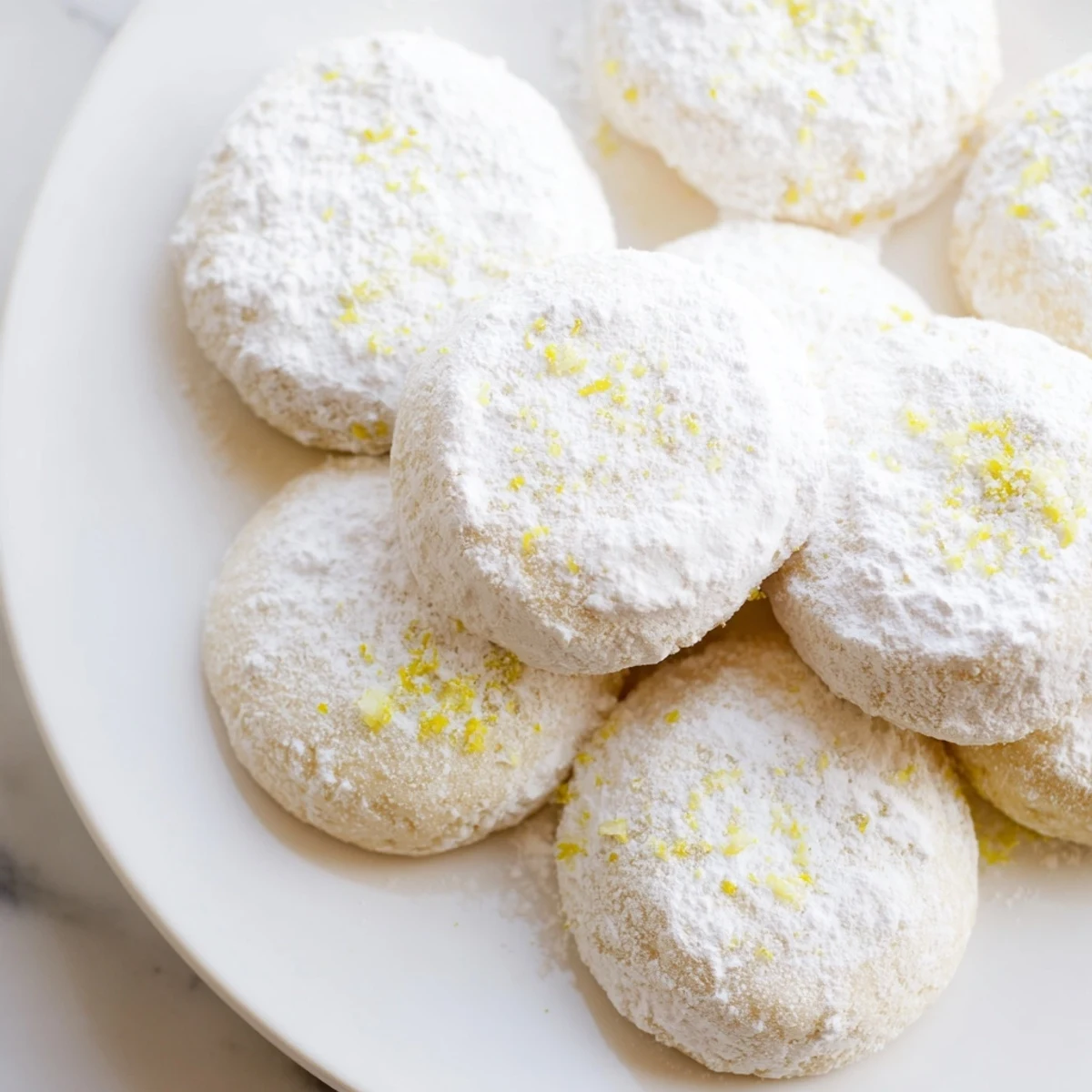 Golden lemon meltaways with powdered sugar coating stacked beside a steaming tea cup