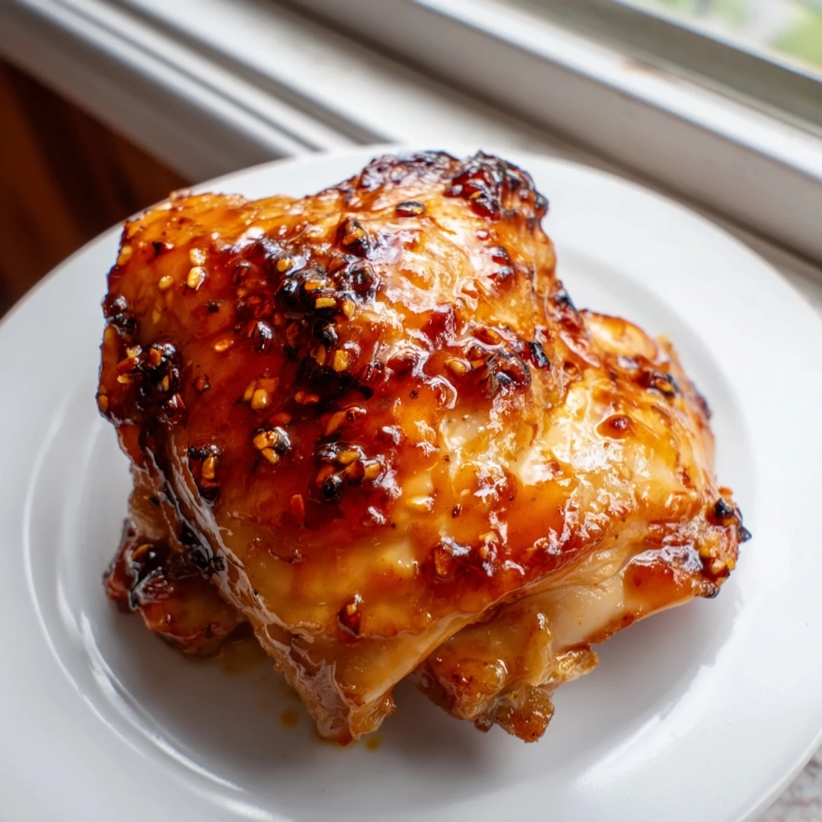 Glistening savory glazed chicken with crispy golden potatoes and herb-flecked rice on a white plate