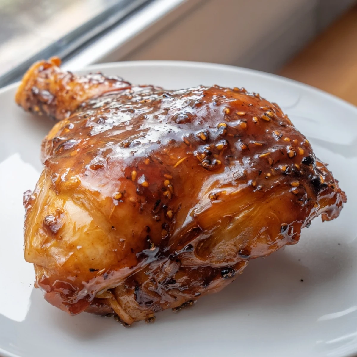 Savory glazed chicken thighs dripping with glossy sauce beside fluffy green herb rice