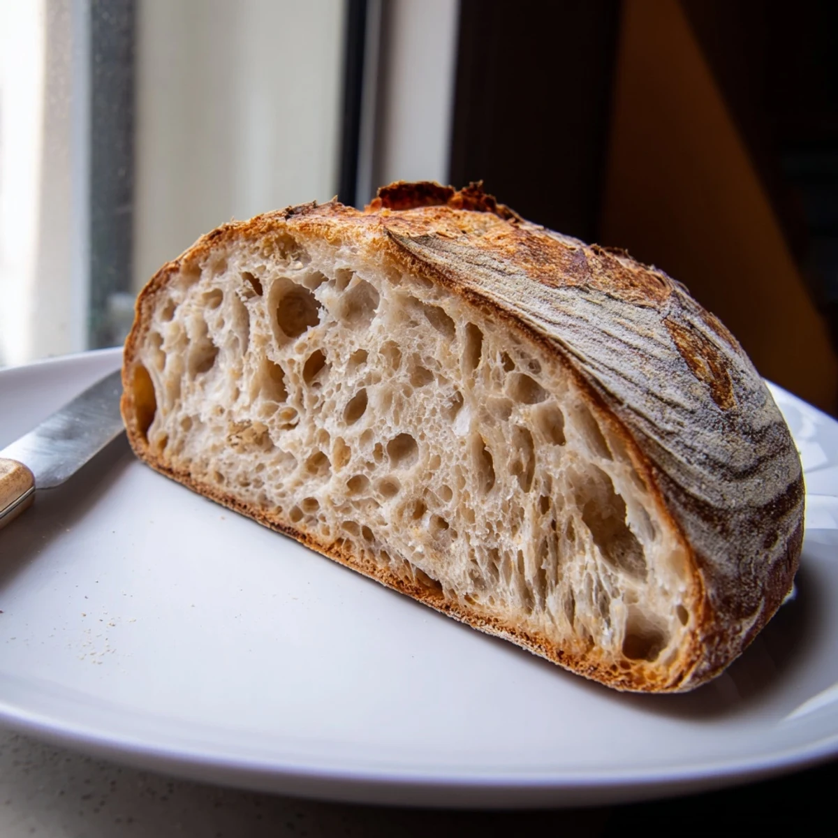 Golden sourdough bread loaf with a crackled crust cooling on a wire rack