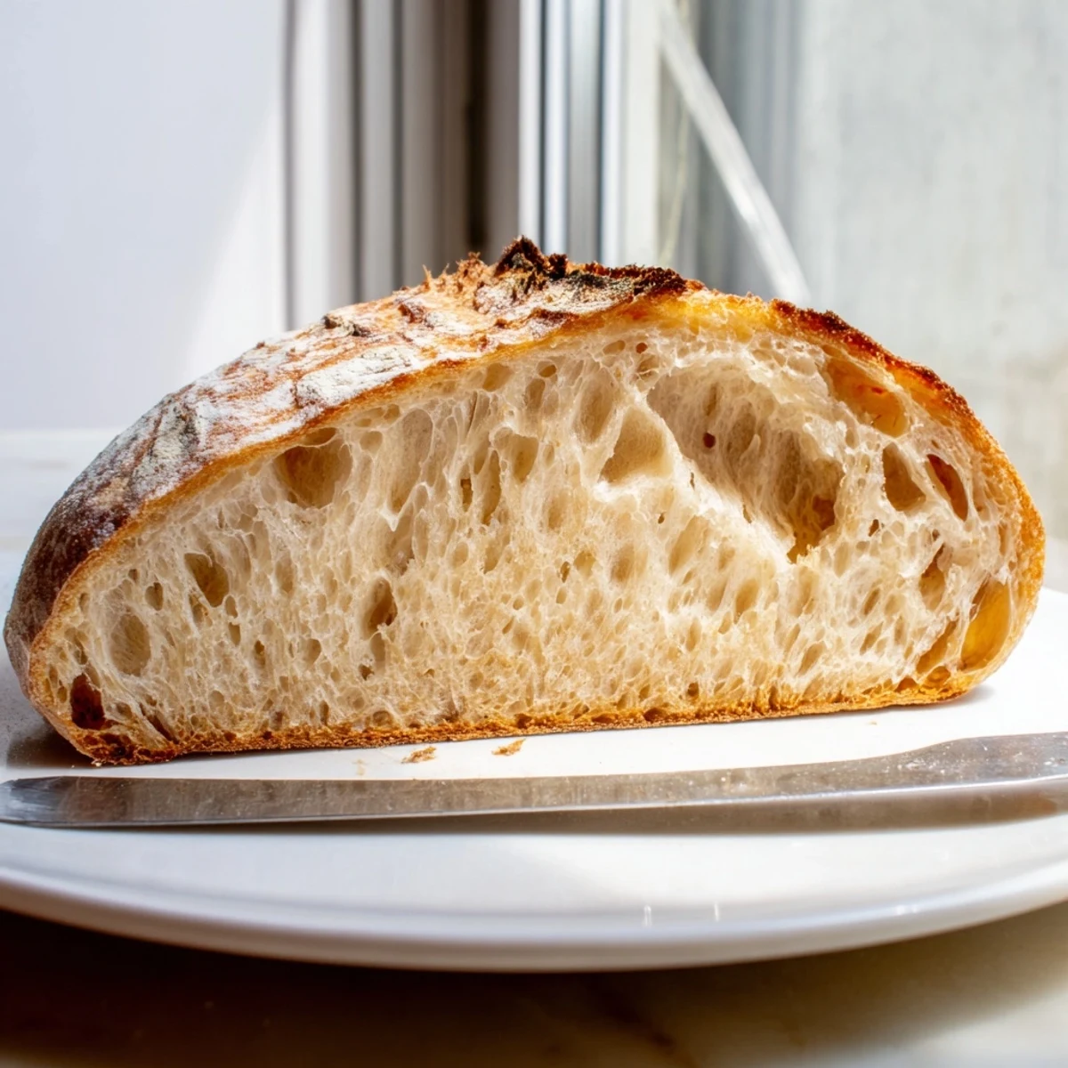 Crusty sourdough bread sliced open revealing a soft chewy interior crumb