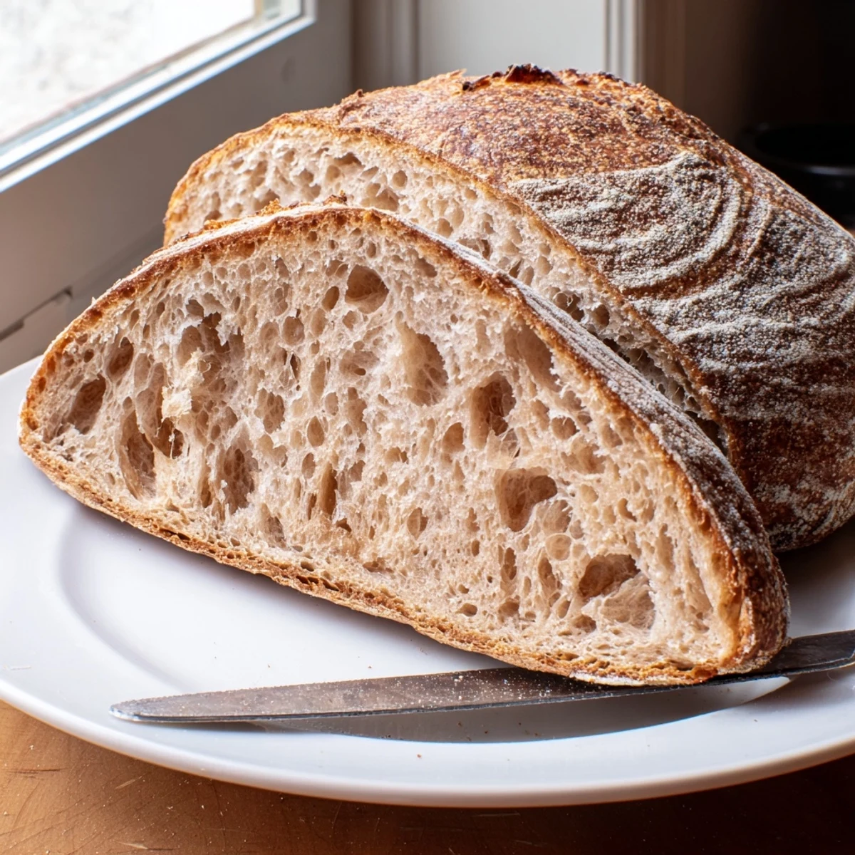 Rustic sourdough bread round scored with deep slashes fresh from the Dutch oven