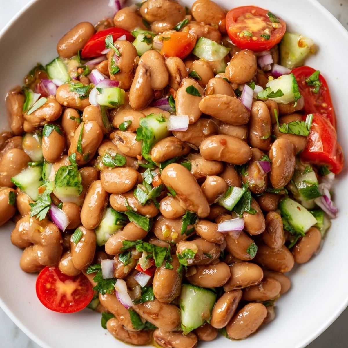Colorful pinto bean salad tossed with fresh vegetables and zesty lime dressing