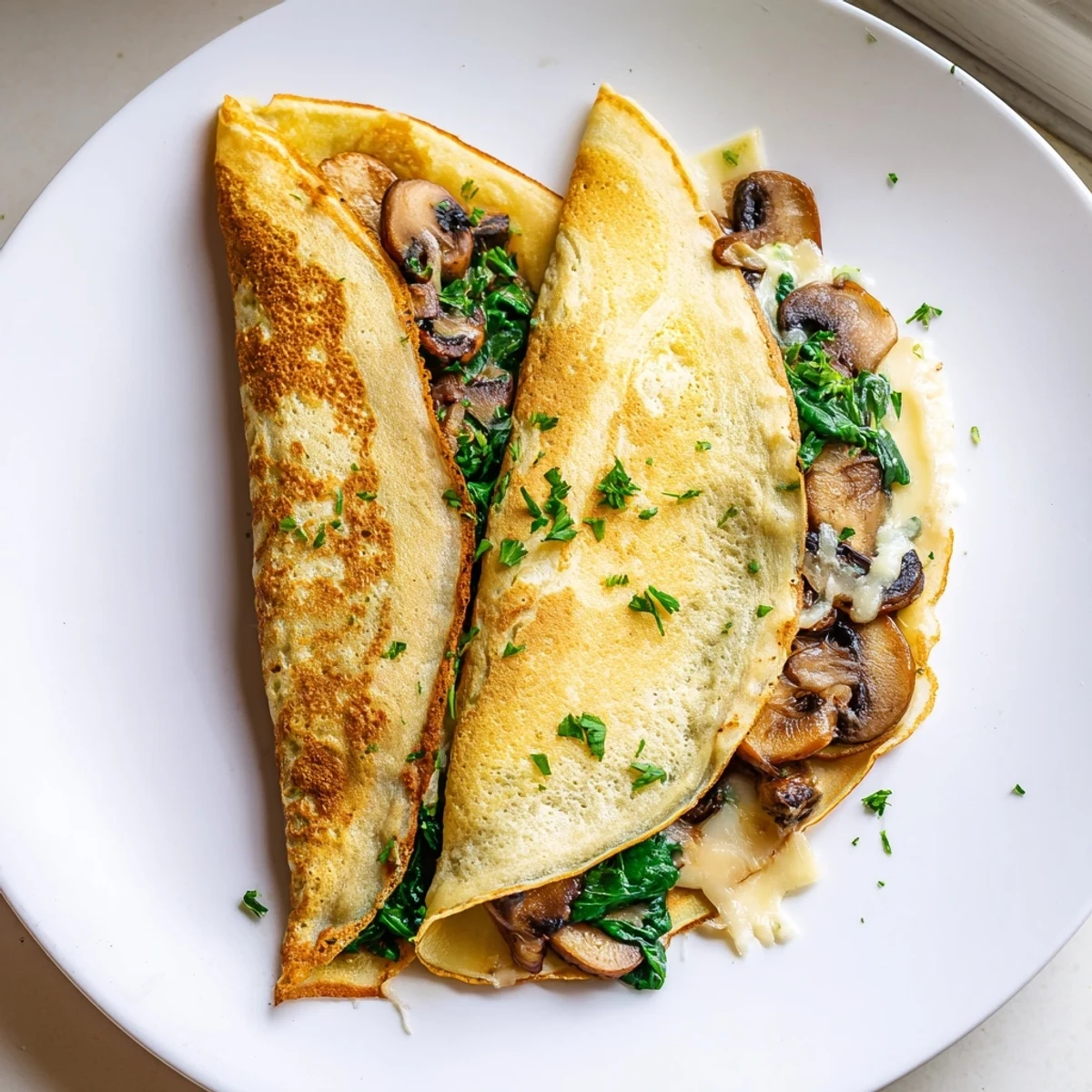 Golden savory crepes filled with sautéed spinach and mushrooms on a white plate