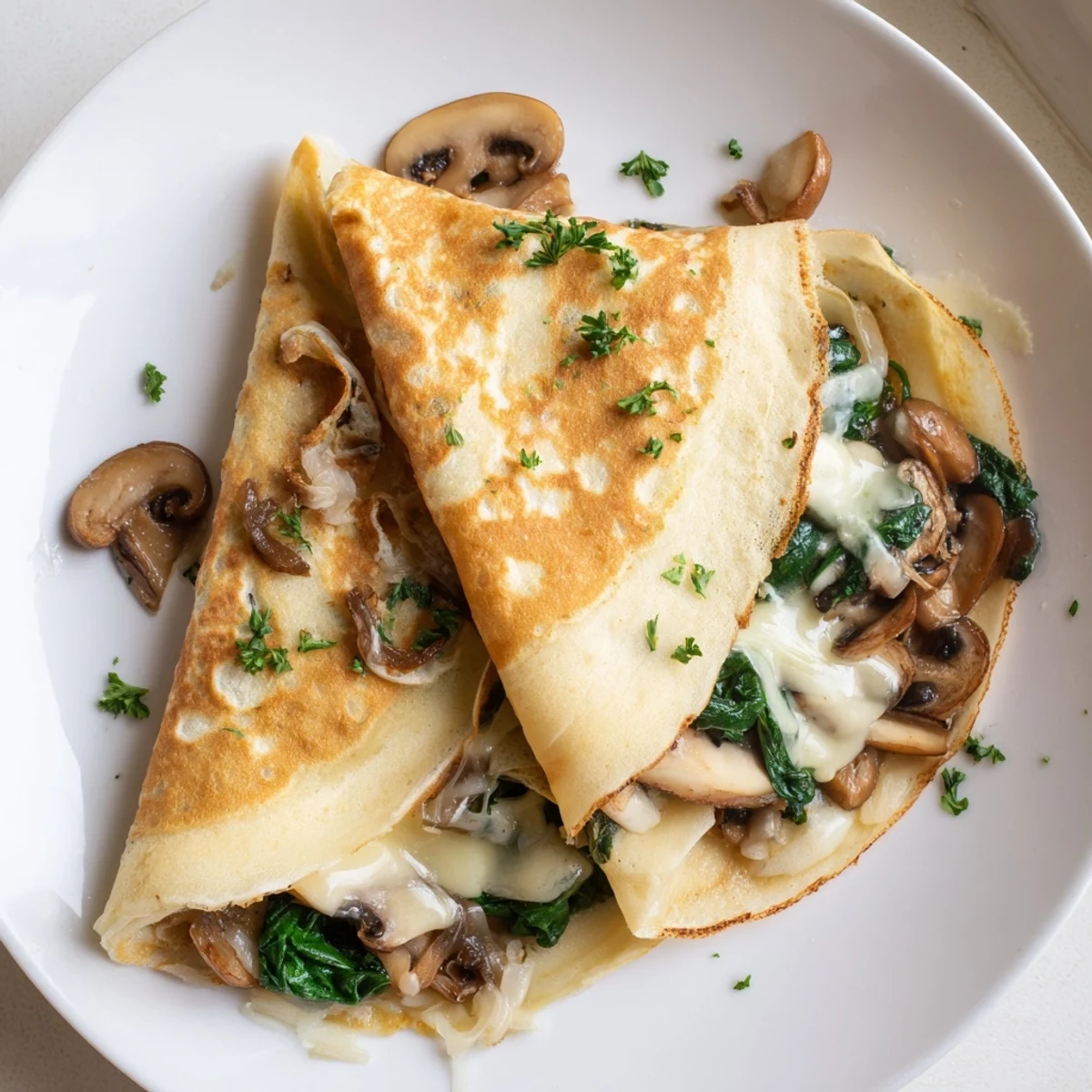 Savory crepes topped with fresh herbs served on a rustic wooden cutting board