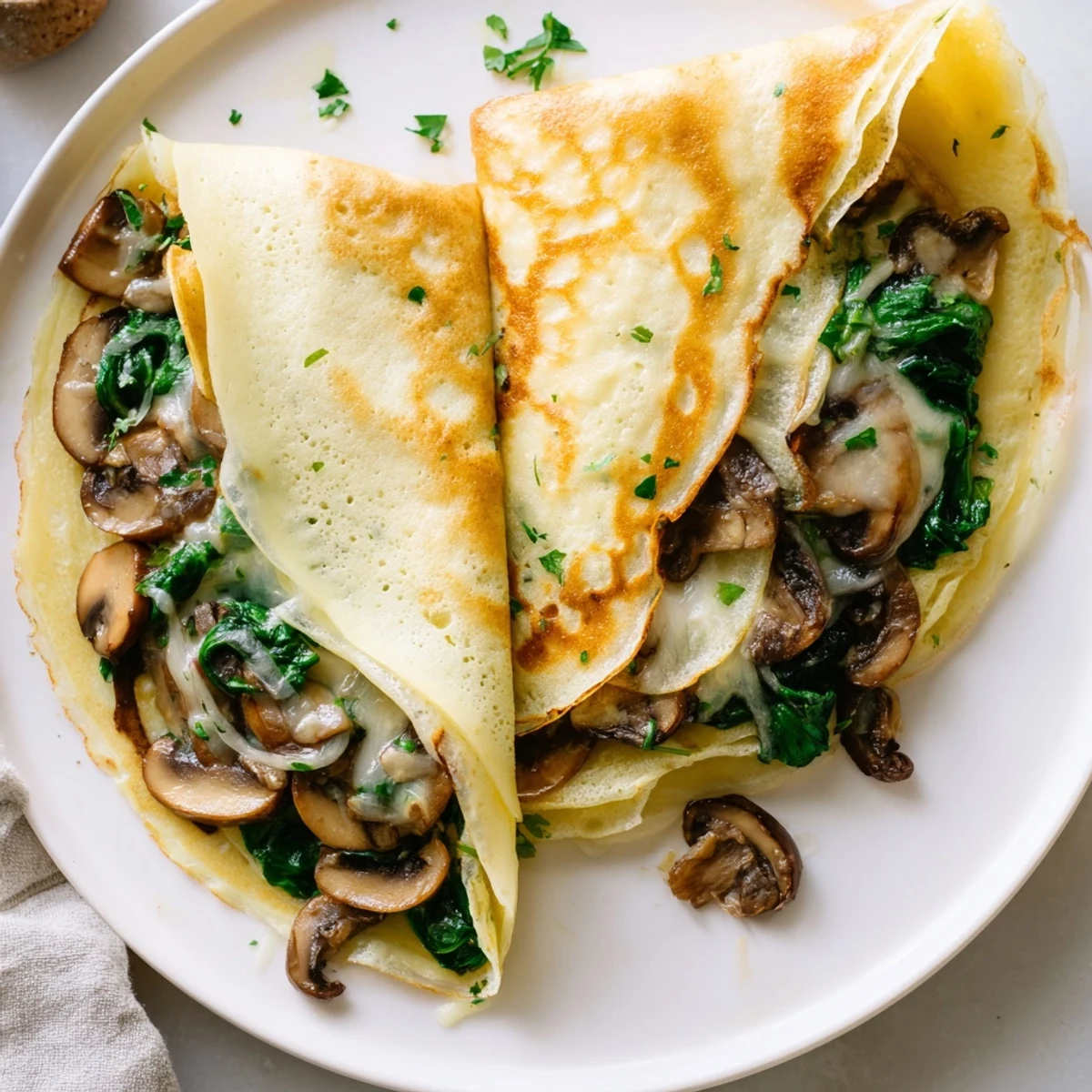 Thin French savory crepes rolled around melted Gruyère cheese and wilted spinach
