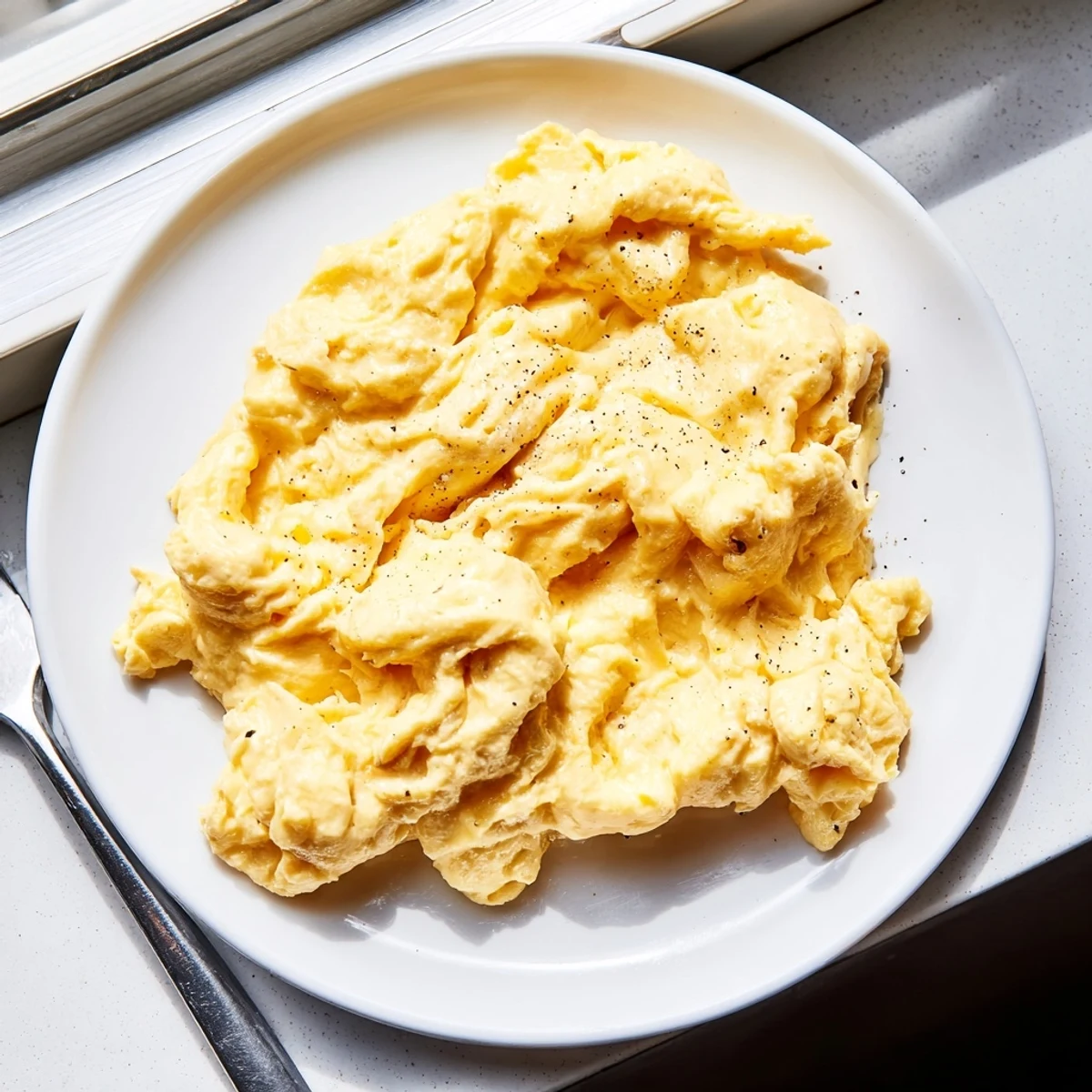 Fluffy scrambled eggs served hot from the skillet with fresh herbs