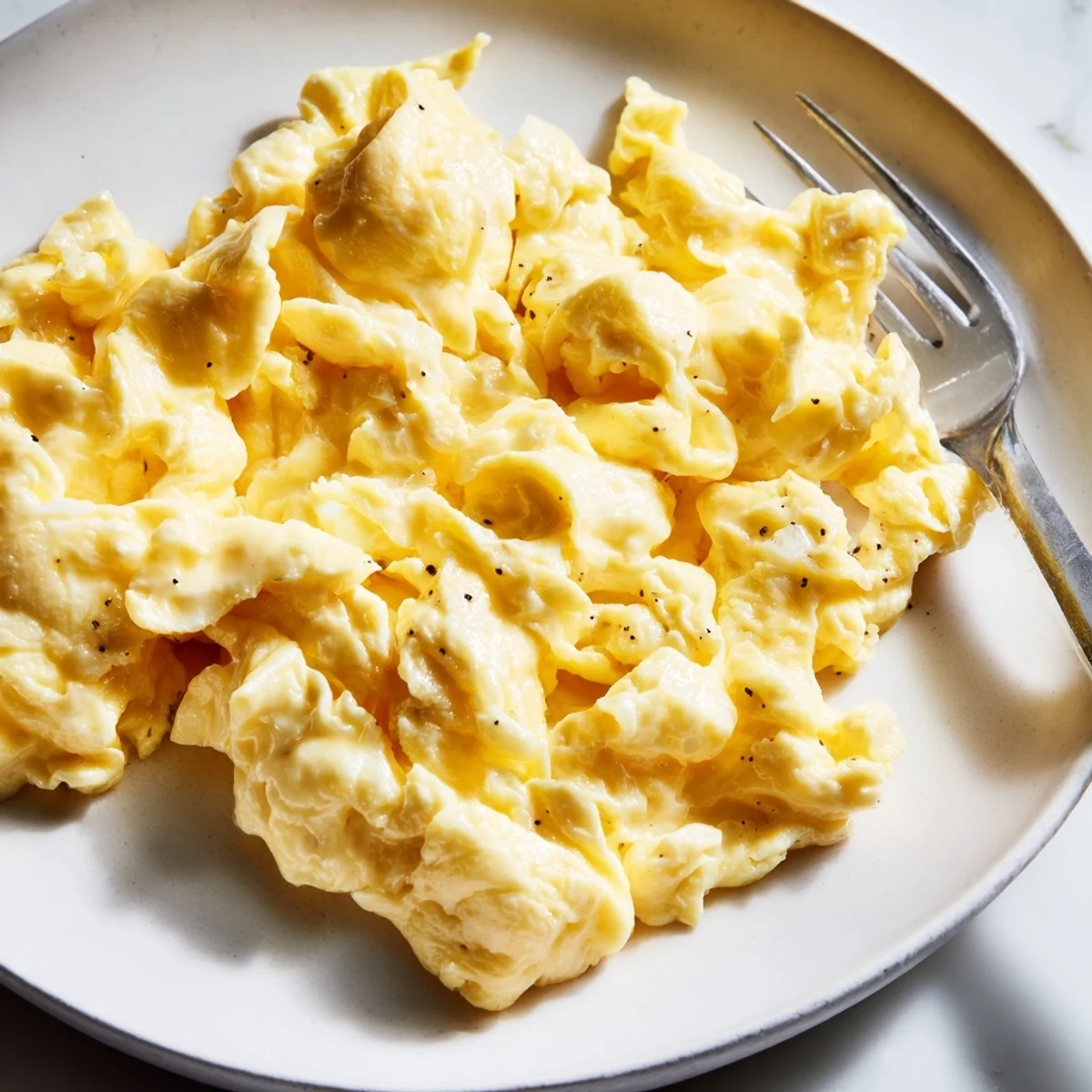 Soft scrambled eggs with glossy curds spooned onto toasted sourdough bread