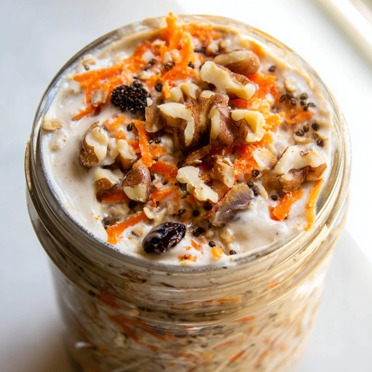 Carrot Cake Overnight Oats topped with cream cheese frosting and chopped walnuts in a mason jar